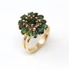 Green Tourmaline Ring - Retro 14k Yellow Gold Flower Cluster Statement - Vintage Circa 1970s Size 8 3/4 Green Gemstone Fine Jewelry