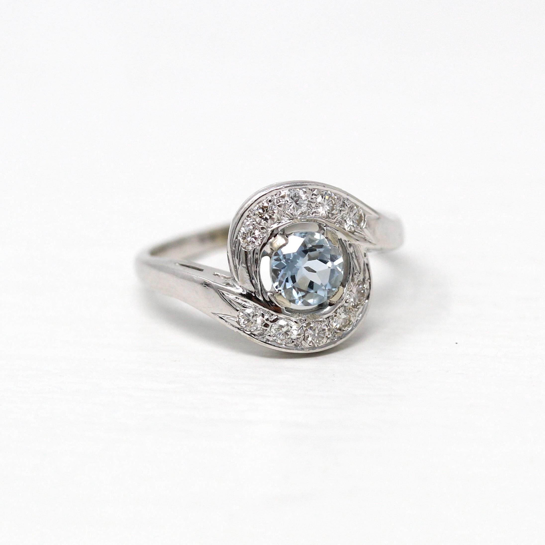 Mid Century Aquamarine Ring - Vintage 14k White Gold Genuine .37 CT Blue Gem - Circa 1950s Size 5 1/4 Alternative Engagement Fine Jewelry