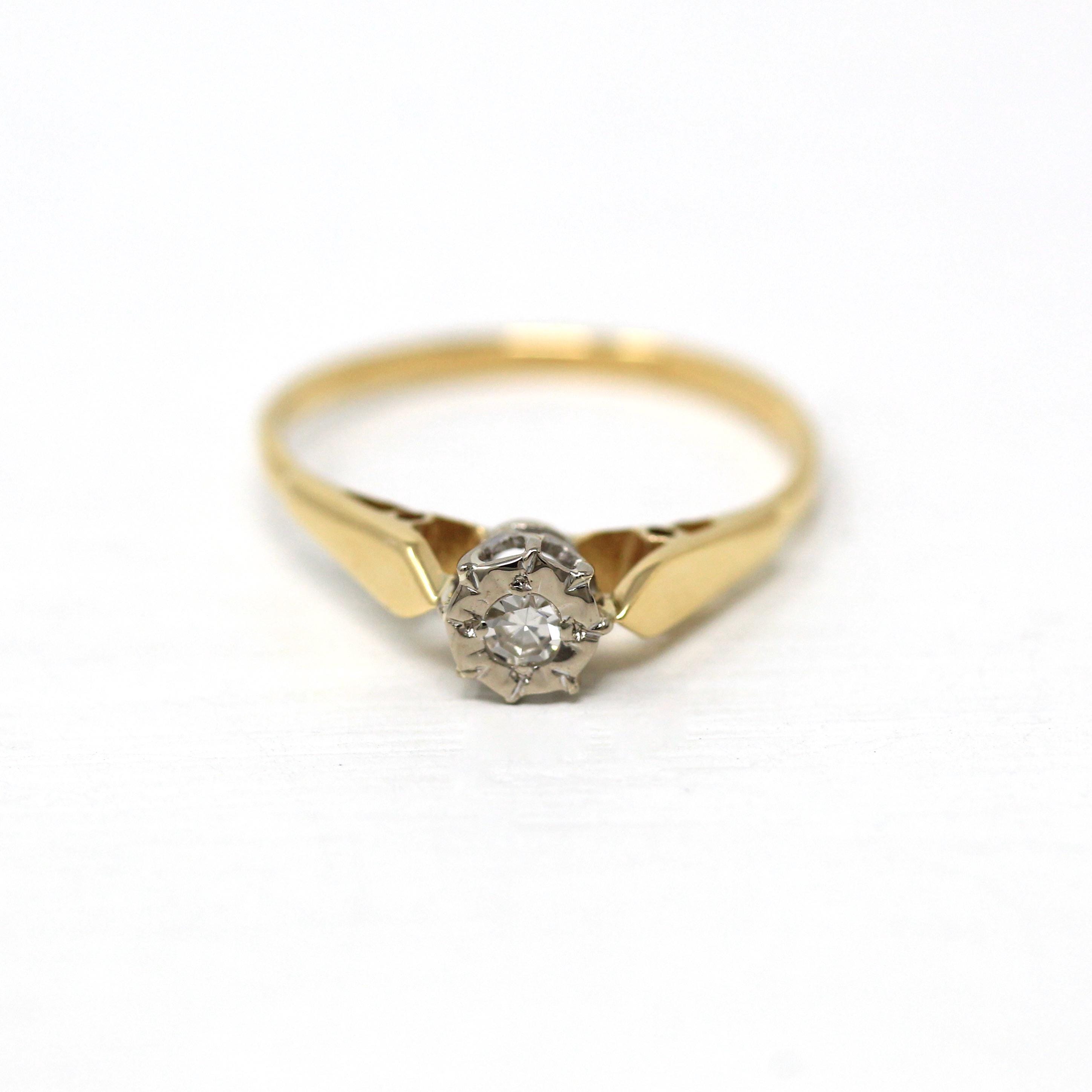 Genuine Diamond Ring - Retro 18k Yellow Gold .09 CT Gemstone Solitaire - Vintage Circa 1960s Era Size 6 1/2 Engagement Two Tone Fine Jewelry