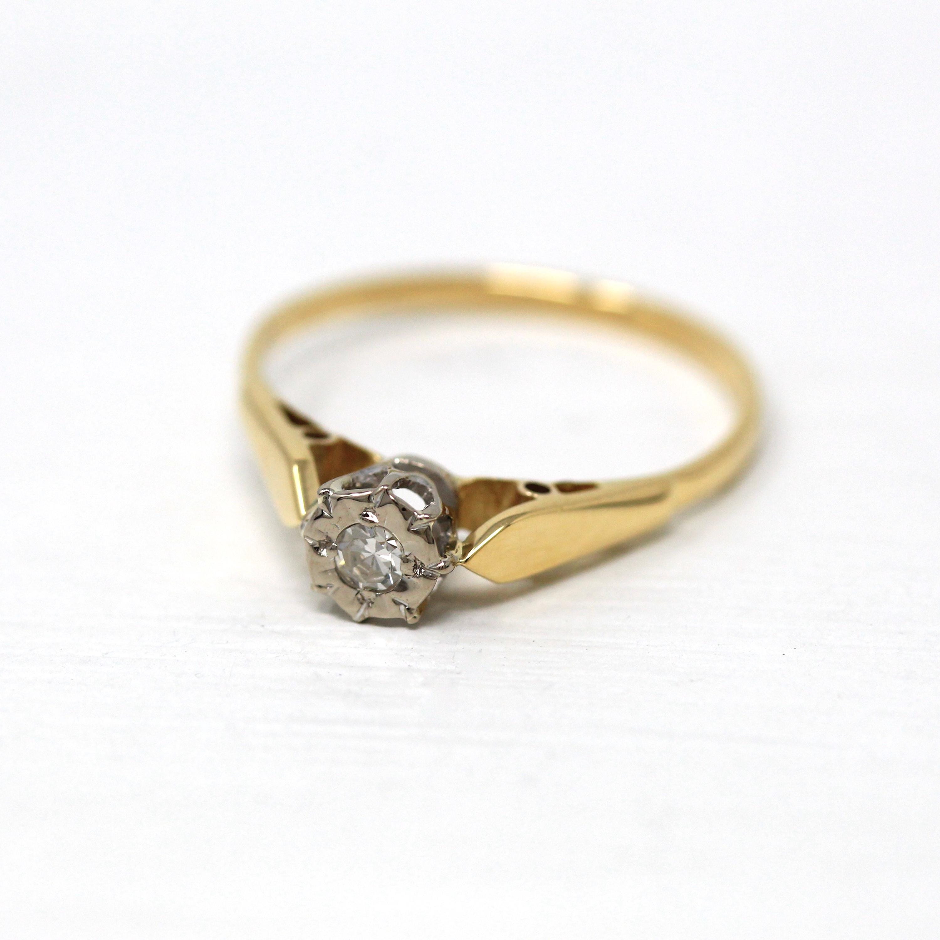 Genuine Diamond Ring - Retro 18k Yellow Gold .09 CT Gemstone Solitaire - Vintage Circa 1960s Era Size 6 1/2 Engagement Two Tone Fine Jewelry