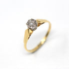 Genuine Diamond Ring - Retro 18k Yellow Gold .09 CT Gemstone Solitaire - Vintage Circa 1960s Era Size 6 1/2 Engagement Two Tone Fine Jewelry