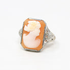 Filigree Cameo Ring - Vintage Art Deco 10k White Gold Genuine Carved Shell Gem - Antique Circa 1930s Size 6 3/4 MB Bryant Fine Jewelry