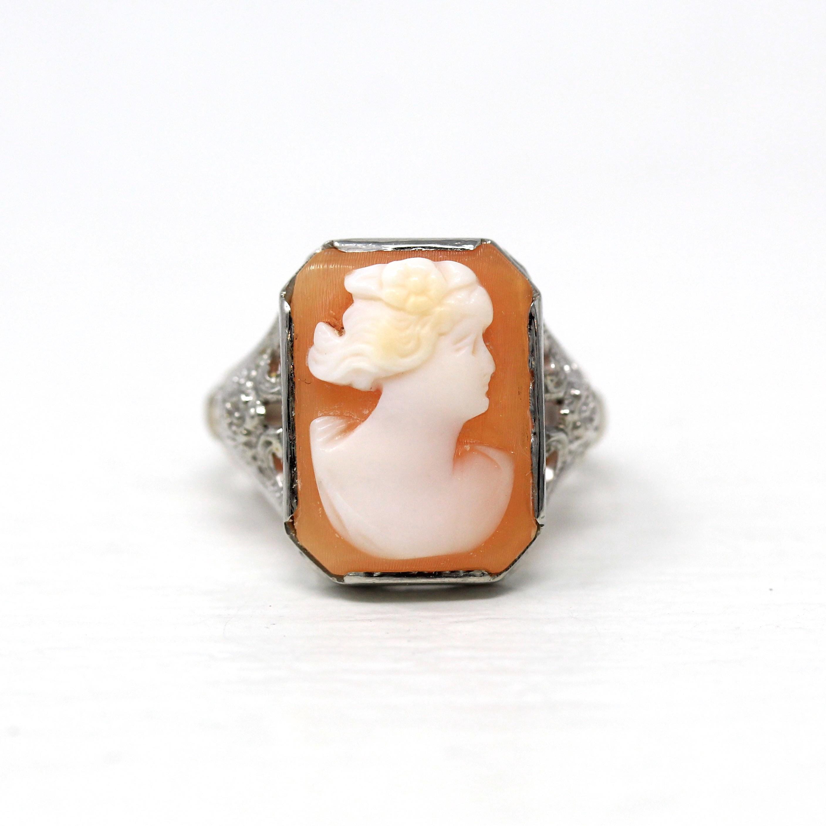 Filigree Cameo Ring - Vintage Art Deco 10k White Gold Genuine Carved Shell Gem - Antique Circa 1930s Size 6 3/4 MB Bryant Fine Jewelry