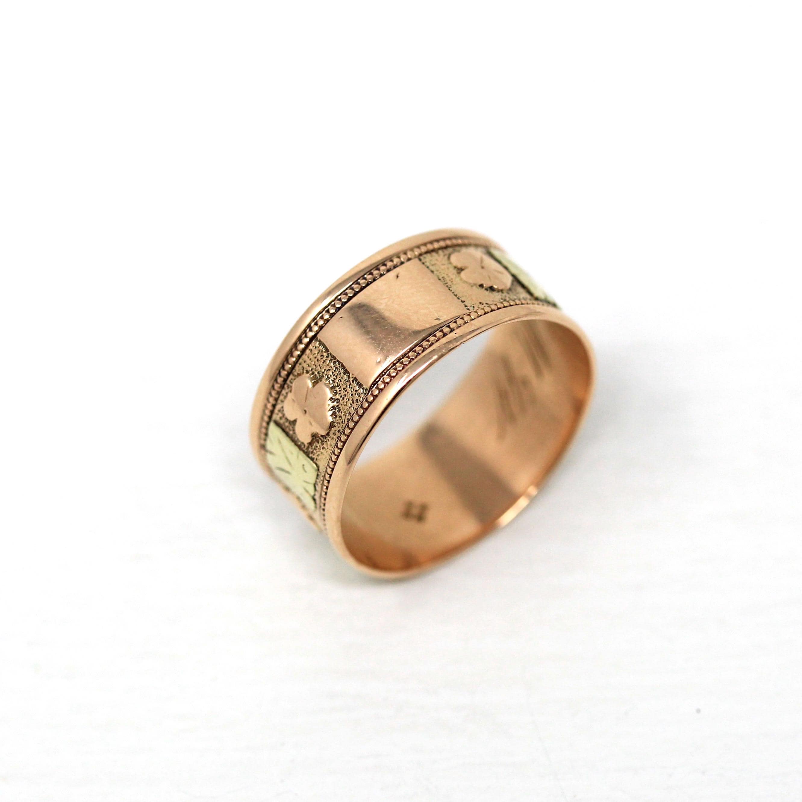 Antique Cigar Band - Edwardian 10k Rose & Yellow Gold Nature Inspired Designs Wide Ring - Vintage Circa 1900s Size 7 Fine Statement Jewelry