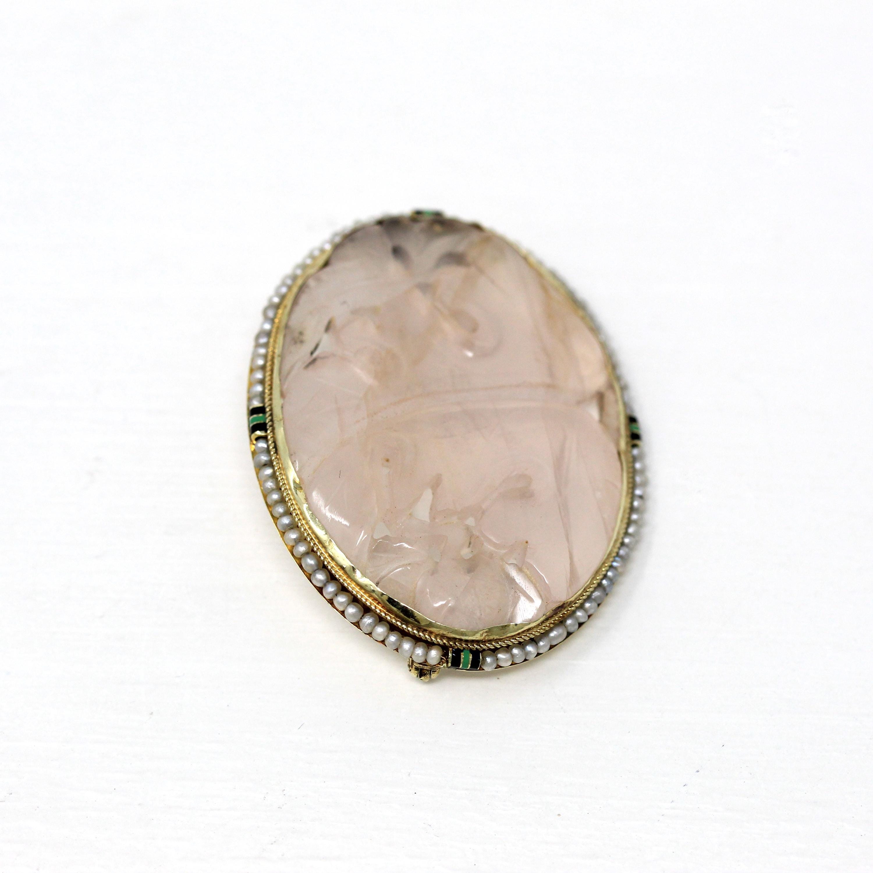 Art Deco Brooch - Antique 14k Yellow Gold Carved Rose Quartz & Seed Pearl Halo Pin - Circa 1920s Black Enamel 20s Walter Lampl Fine Jewelry