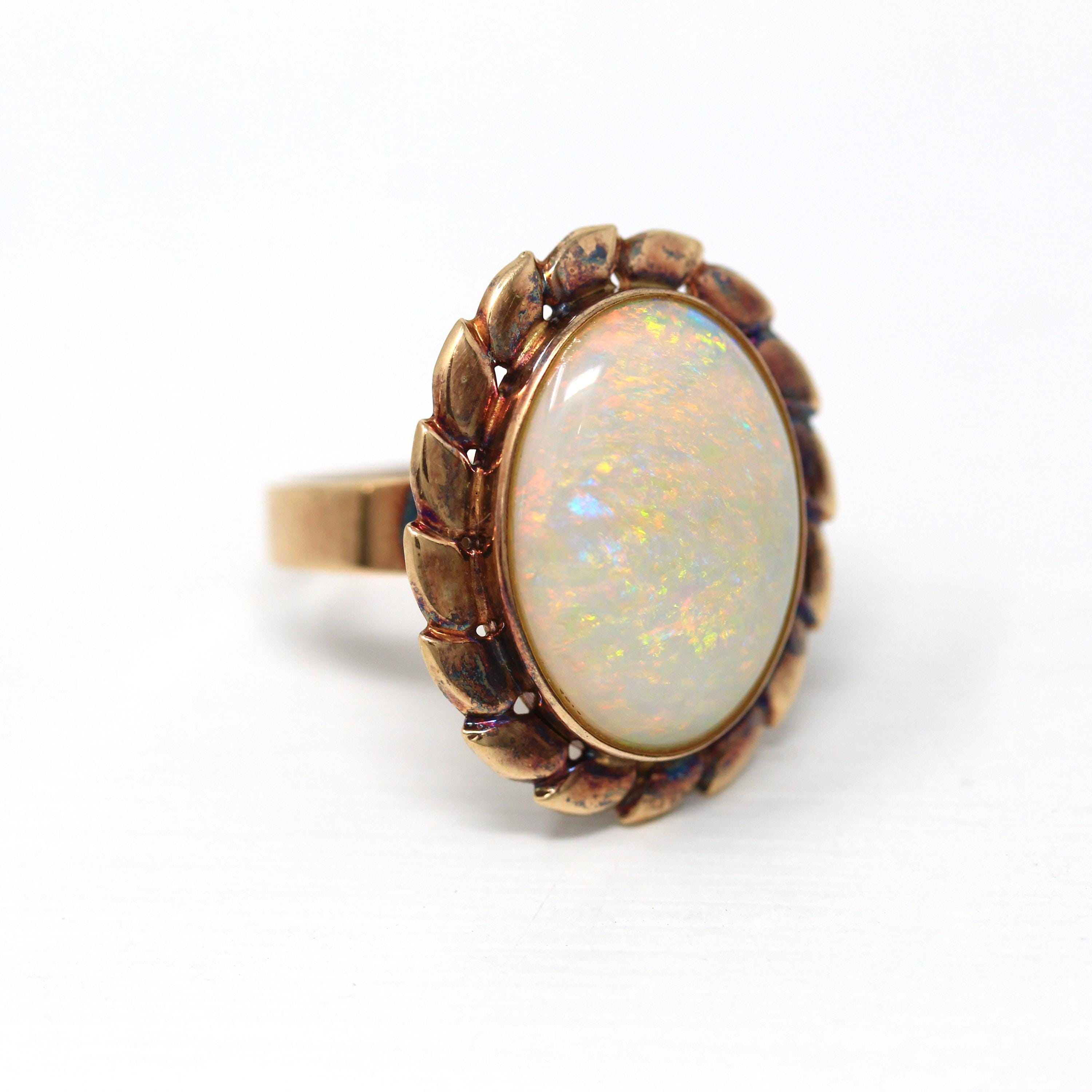 Vintage Opal Ring - Retro 14k Rosy Yellow Gold Oval 5.82 ct Cabochon Cut Gemstone - Circa 1960s Size 6 1/2 October Birthstone Fine Jewelry