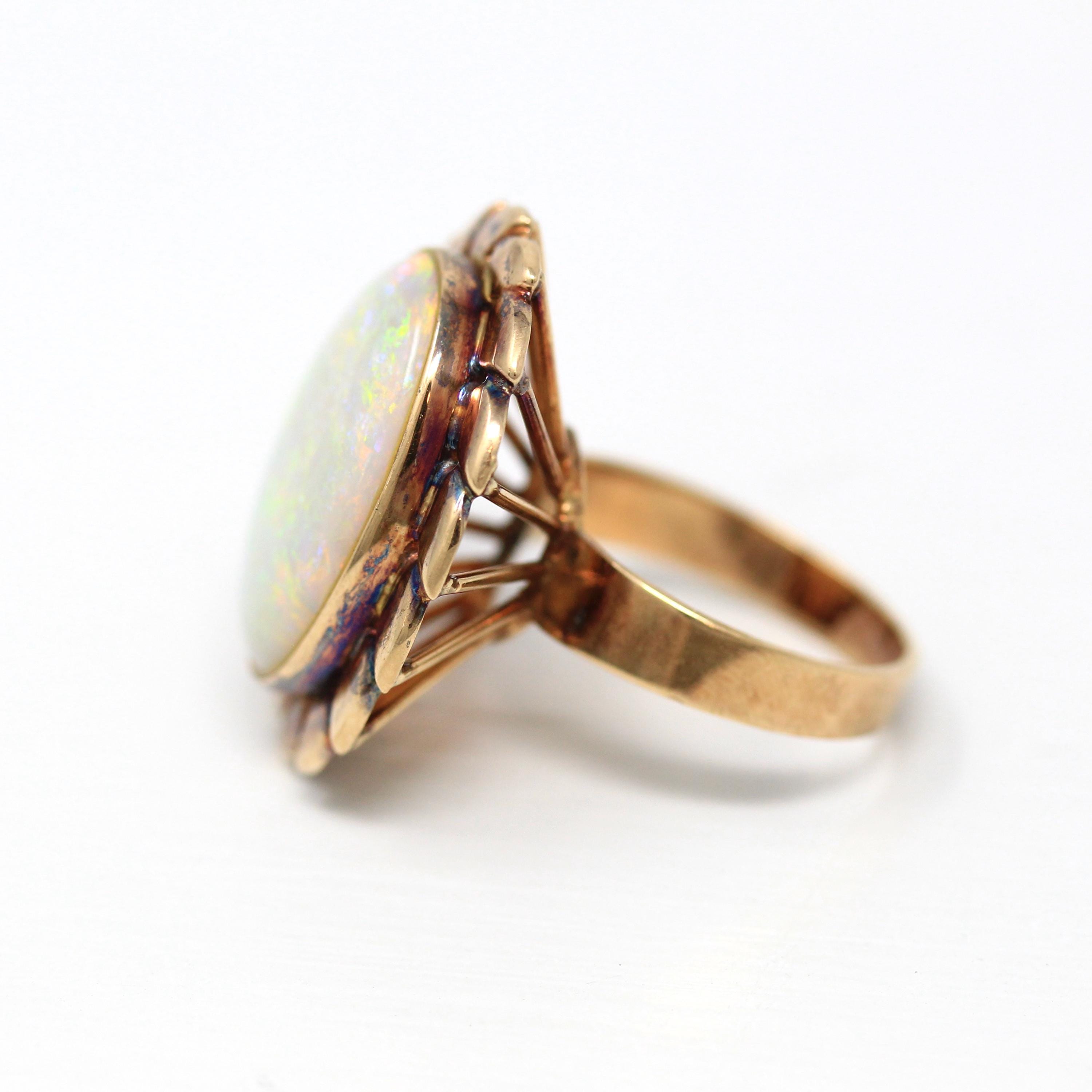 Vintage Opal Ring - Retro 14k Rosy Yellow Gold Oval 5.82 ct Cabochon Cut Gemstone - Circa 1960s Size 6 1/2 October Birthstone Fine Jewelry