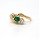 Three Stone Ring - Antique Edwardian 18k Yellow Gold Diamond & Simulated Emerald Bypass - Size 7 3/4 Vintage Circa 1910s Era Fine Jewelry