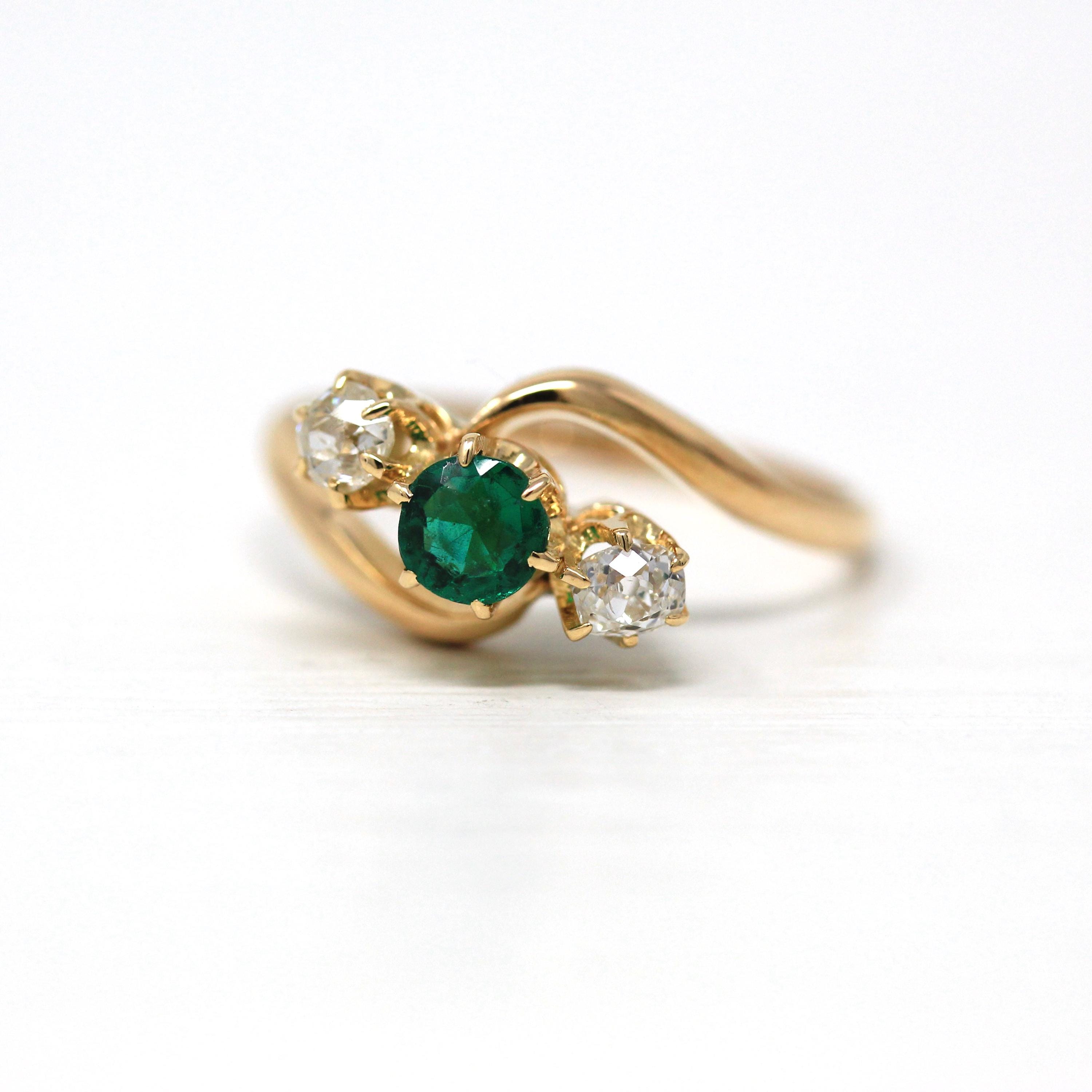 Three Stone Ring - Antique Edwardian 18k Yellow Gold Diamond & Simulated Emerald Bypass - Size 7 3/4 Vintage Circa 1910s Era Fine Jewelry