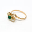 Three Stone Ring - Antique Edwardian 18k Yellow Gold Diamond & Simulated Emerald Bypass - Size 7 3/4 Vintage Circa 1910s Era Fine Jewelry