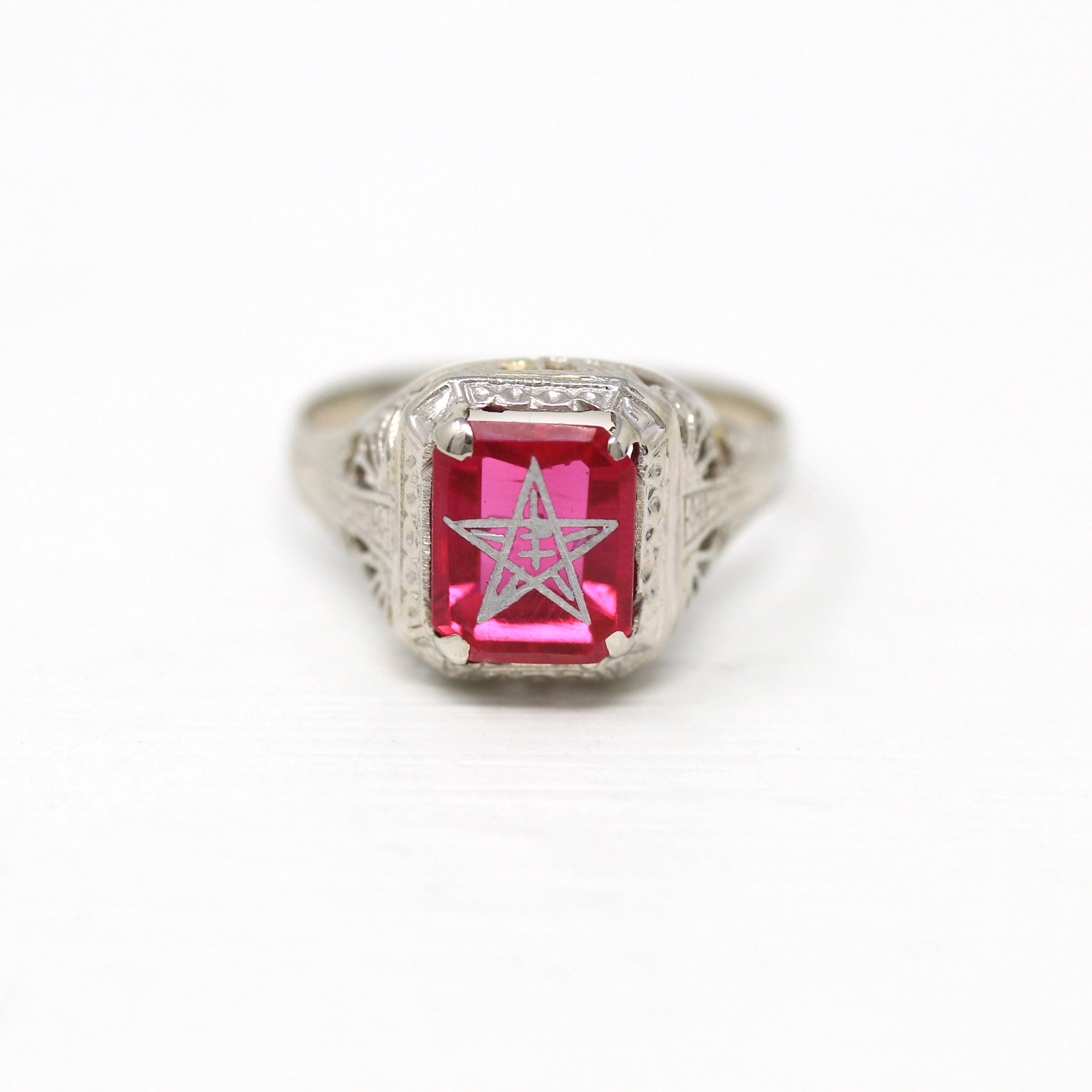 Vintage OES Ring - Art Deco 14k White Gold Created Red Ruby Stone - Circa 1930s Era Size 5 1/4 Order Of The Eastern Star Filigree Jewelry