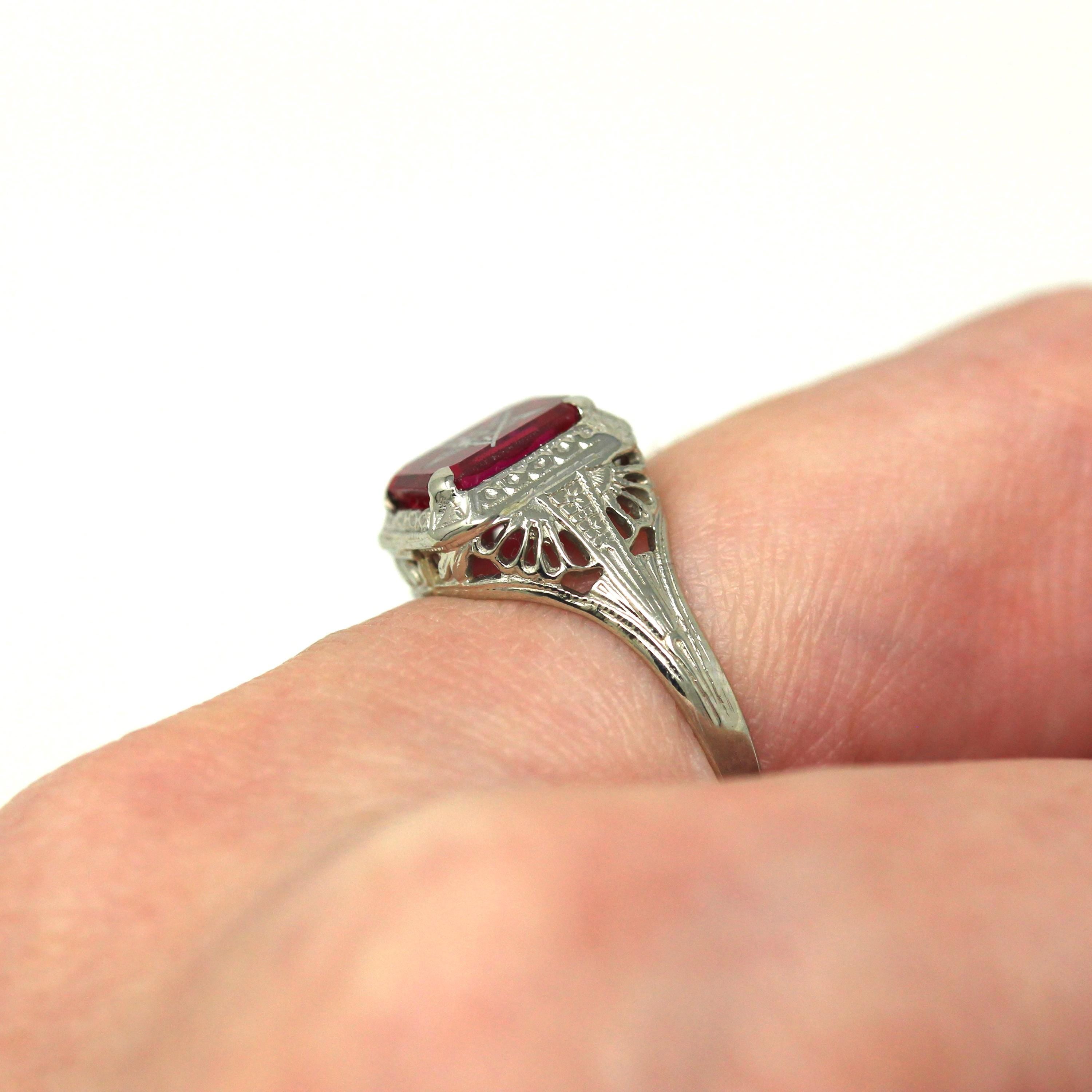 Vintage OES Ring - Art Deco 14k White Gold Created Red Ruby Stone - Circa 1930s Era Size 5 1/4 Order Of The Eastern Star Filigree Jewelry