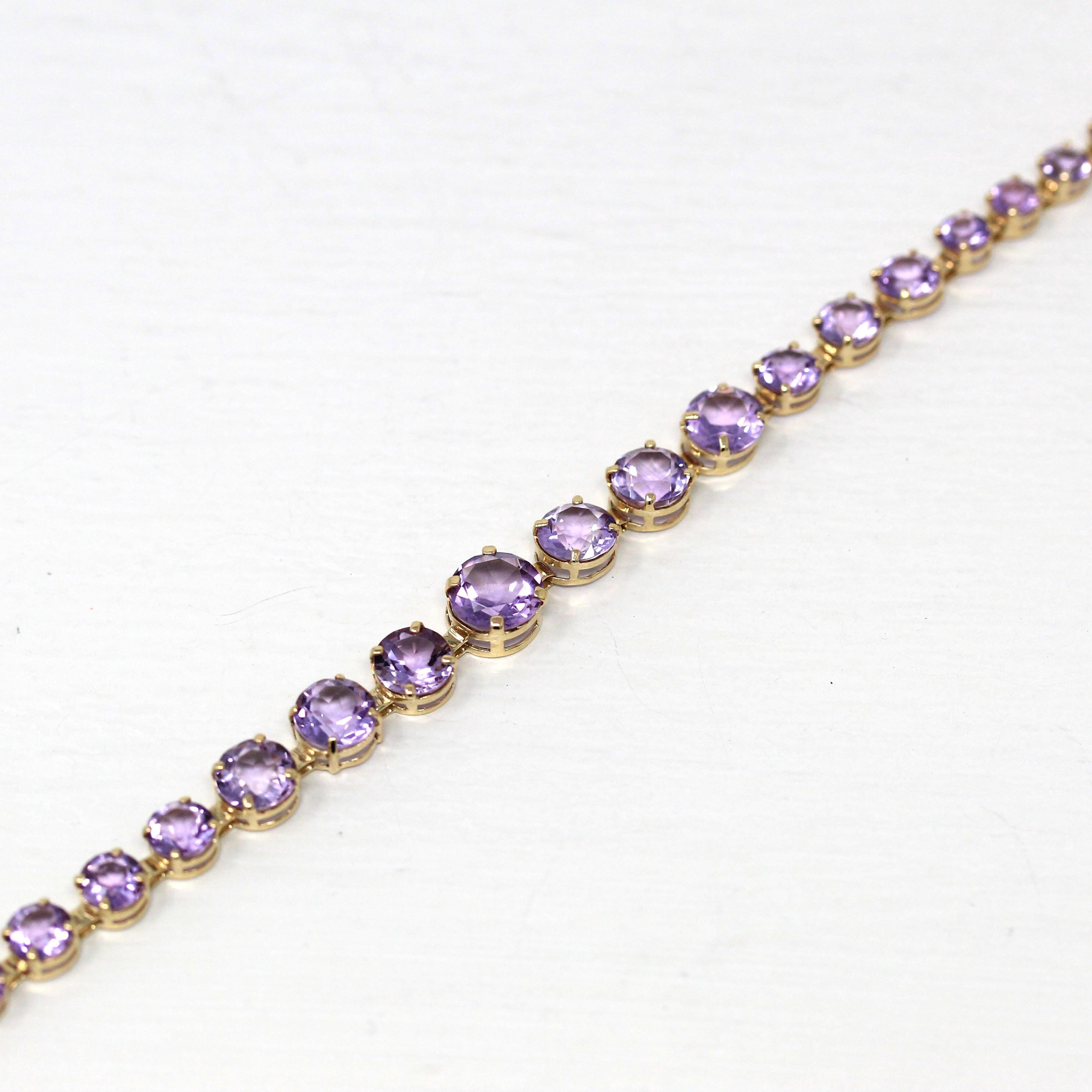 Genuine Amethyst Bracelet - Estate 14k Yellow Gold Purple Round Cut Graduated Gemstones - Circa 2000s Tennis Style Fine 7.5 inches Jewelry