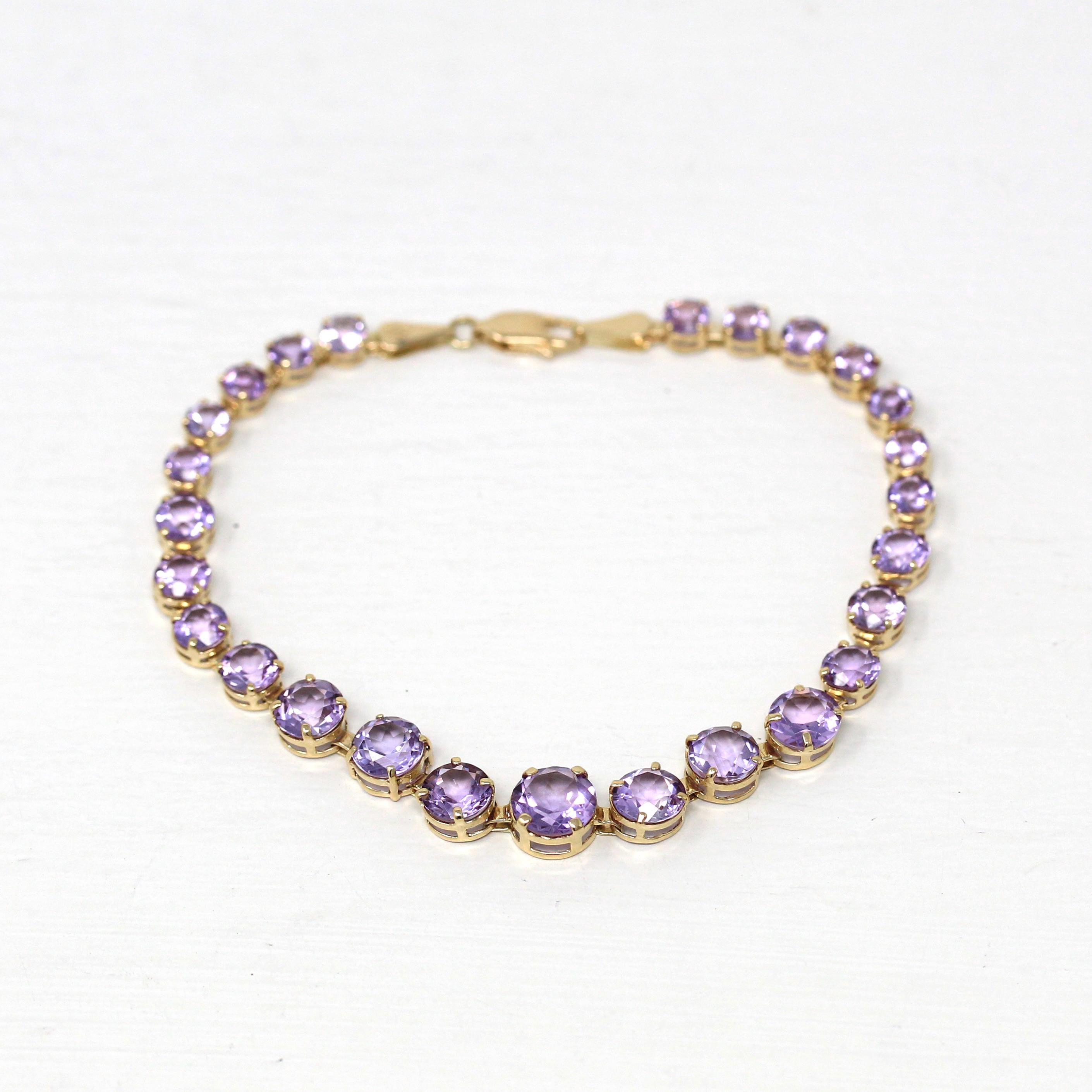 Genuine Amethyst Bracelet - Estate 14k Yellow Gold Purple Round Cut Graduated Gemstones - Circa 2000s Tennis Style Fine 7.5 inches Jewelry