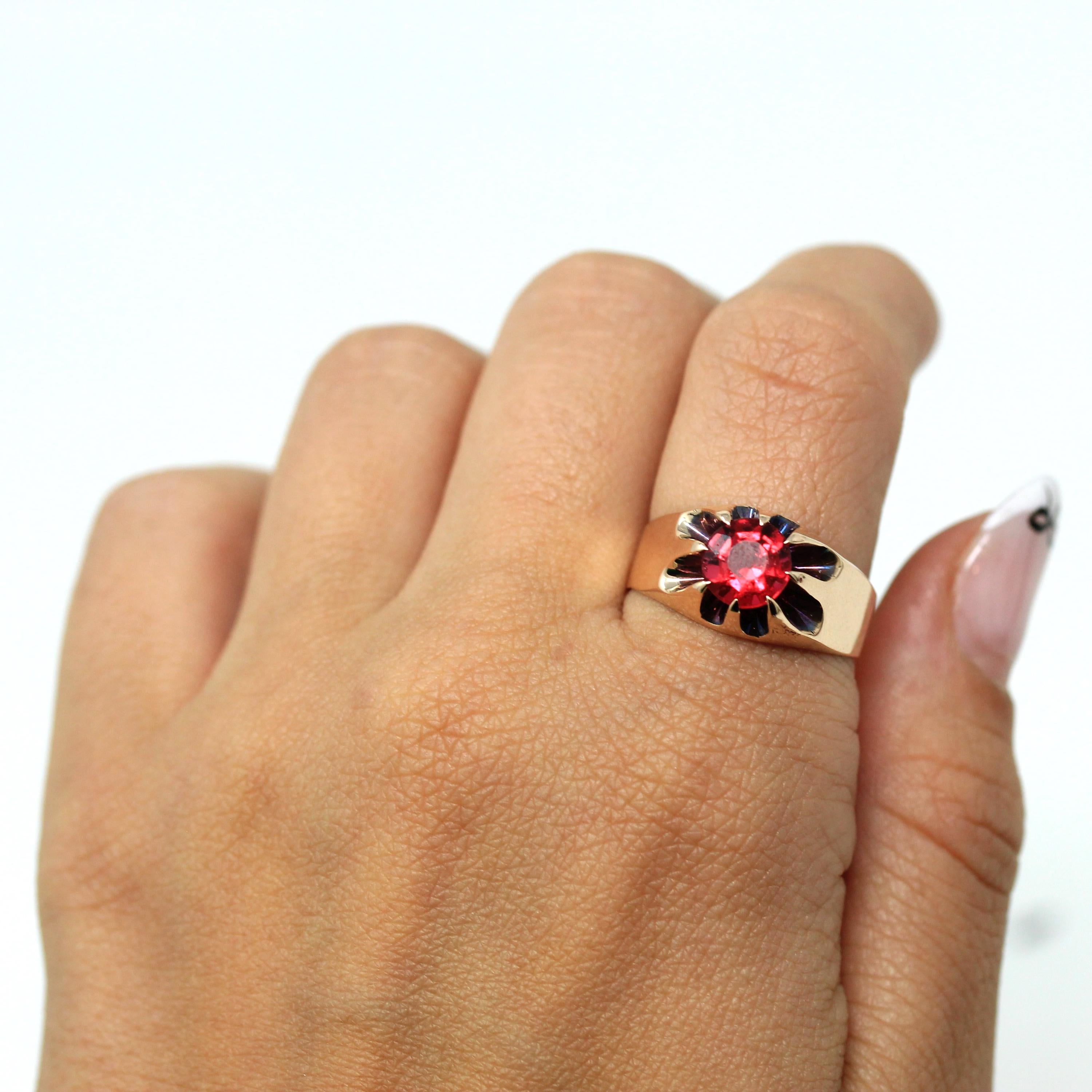 Garnet Doublet Ring - Edwardian 10k Rose Gold Round Faceted Red Pink Glass Stone - Antique Circa 1900s Size 9 1/4 Solitaire Belcher Jewelry