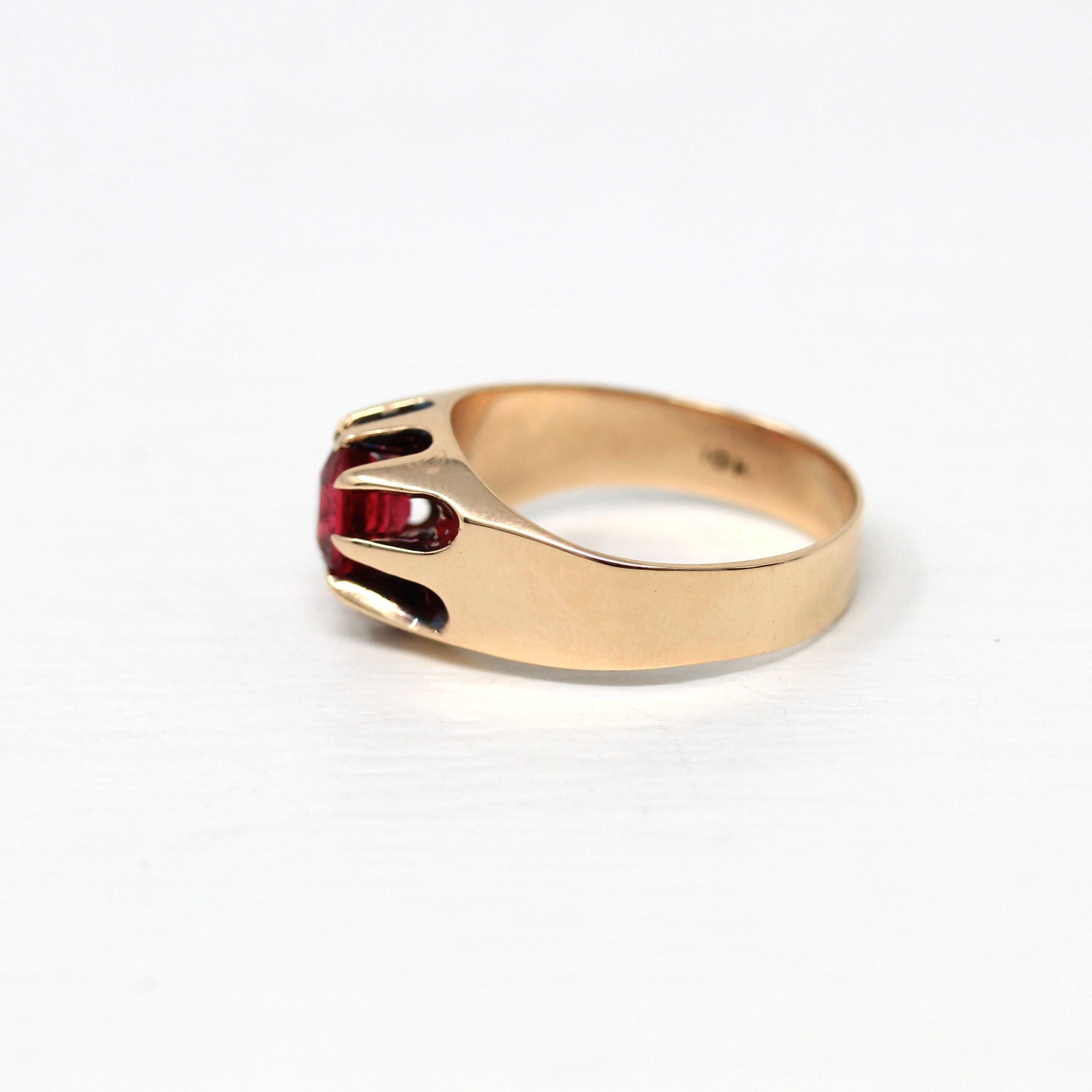 Garnet Doublet Ring - Edwardian 10k Rose Gold Round Faceted Red Pink Glass Stone - Antique Circa 1900s Size 9 1/4 Solitaire Belcher Jewelry