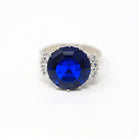 Created Spinel Ring - Vintage Mid Century 10k White Gold Round Cut 7.35 Ct Blue & White Stone Statement - Circa 1950s Size 6 Fine Jewelry