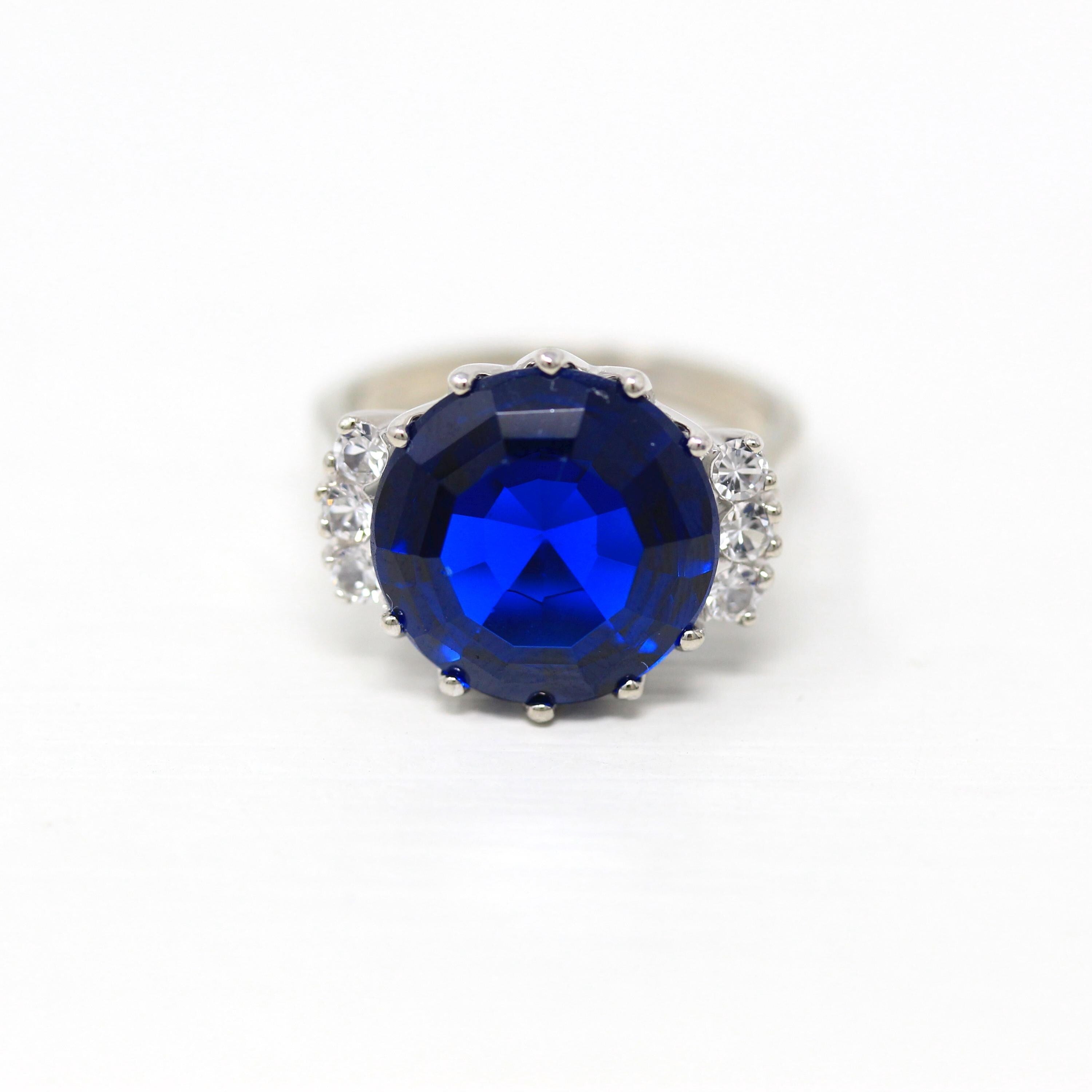 Created Spinel Ring - Vintage Mid Century 10k White Gold Round Cut 7.35 Ct Blue & White Stone Statement - Circa 1950s Size 6 Fine Jewelry