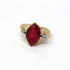 Created Ruby Ring - Retro Era 14k Yellow Gold 2.91 Ct Created Red Stone & Diamond Statement - Circa 1940s Size 4.5 Vintage Fine 40s Jewelry