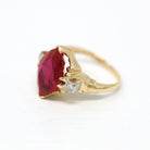 Created Ruby Ring - Retro Era 14k Yellow Gold 2.91 Ct Created Red Stone & Diamond Statement - Circa 1940s Size 4.5 Vintage Fine 40s Jewelry