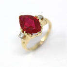 Created Ruby Ring - Retro Era 14k Yellow Gold 2.91 Ct Created Red Stone & Diamond Statement - Circa 1940s Size 4.5 Vintage Fine 40s Jewelry