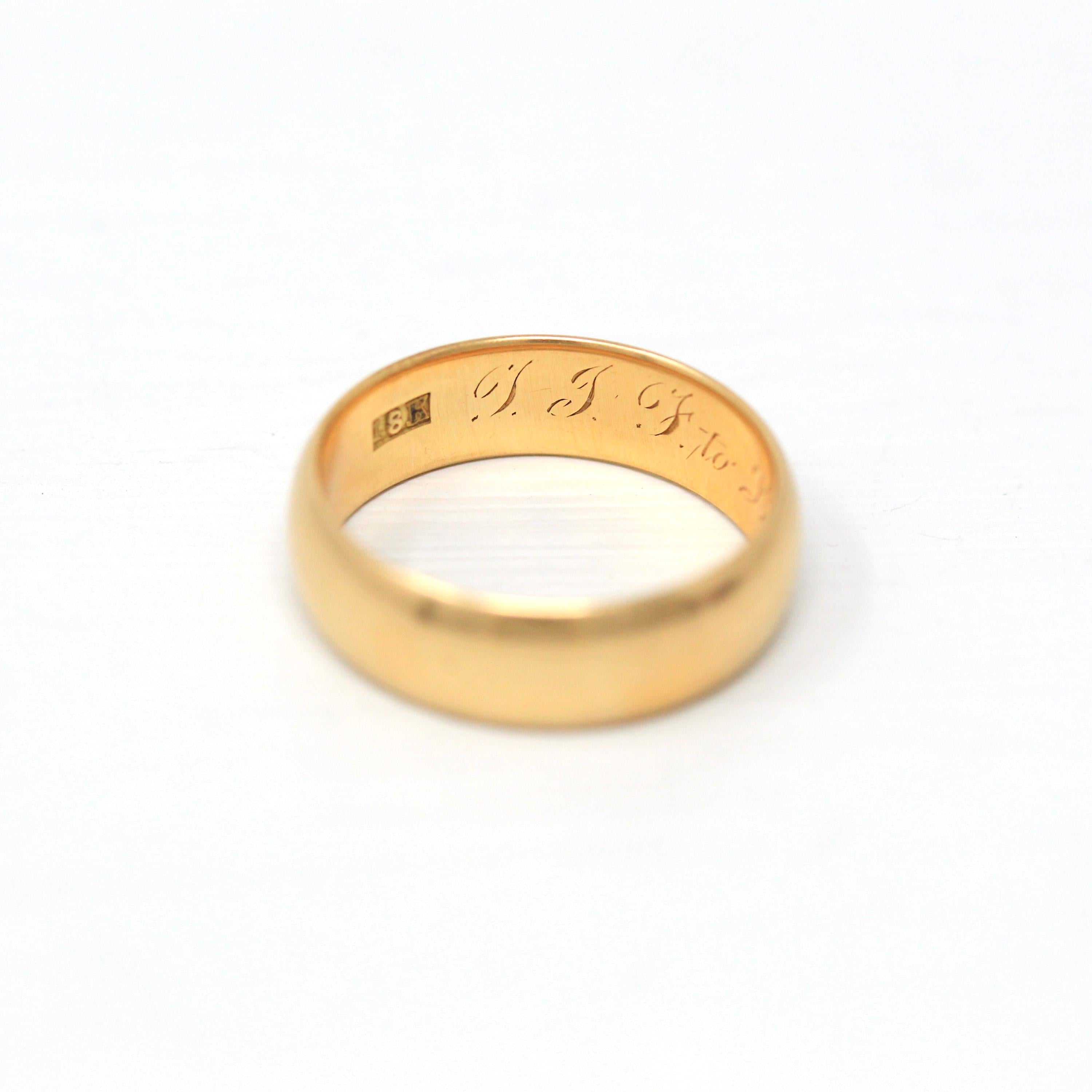 Dated 1870 Band - Victorian 18k Yellow Gold Engraved "G.I.F. to L.E.M. Sept. 7" 1870." Ring - Antique Size 5 Unisex Wedding Fine Jewelry