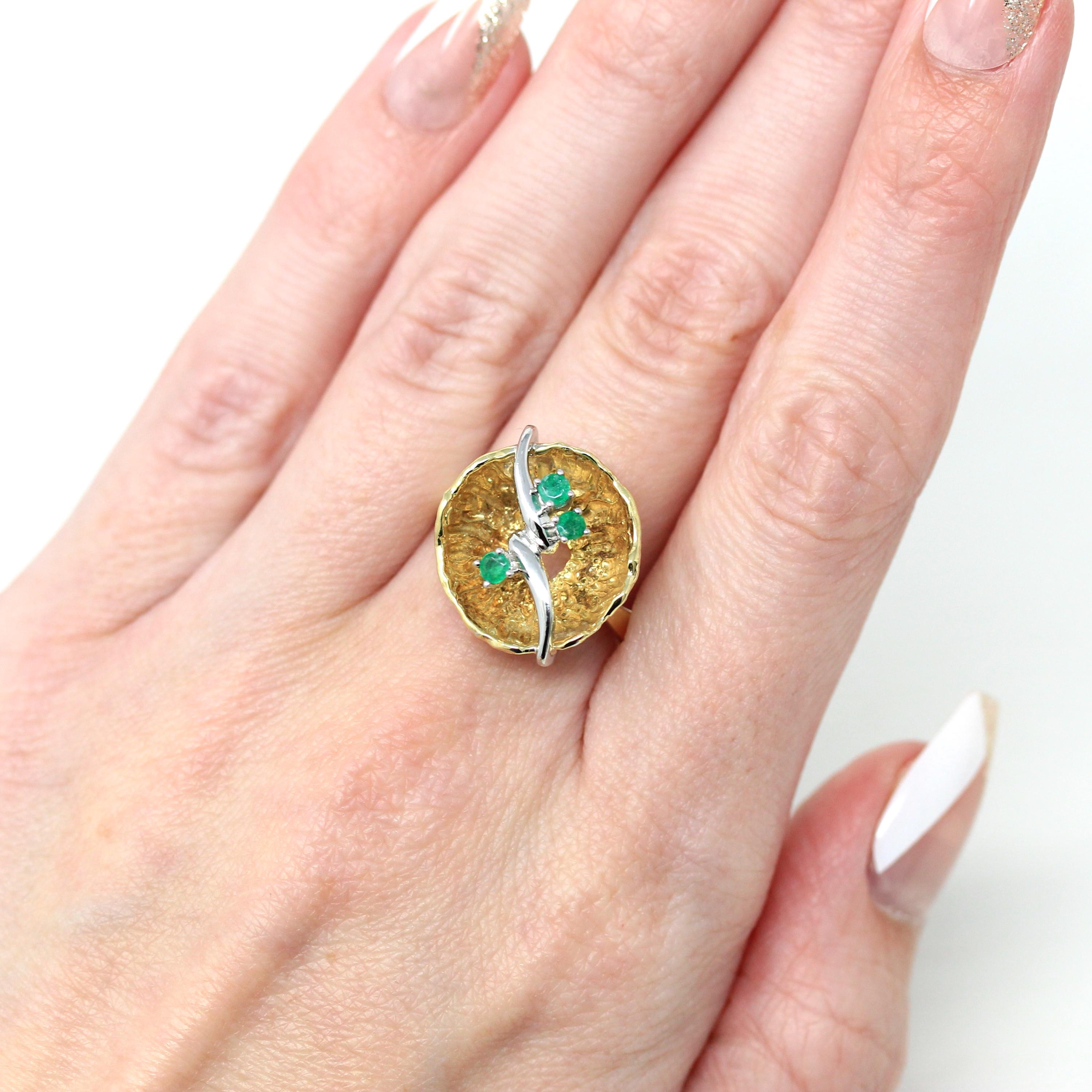 Genuine Emerald Ring Vintage Modernist 14k Yellow White Gold Green MJV
