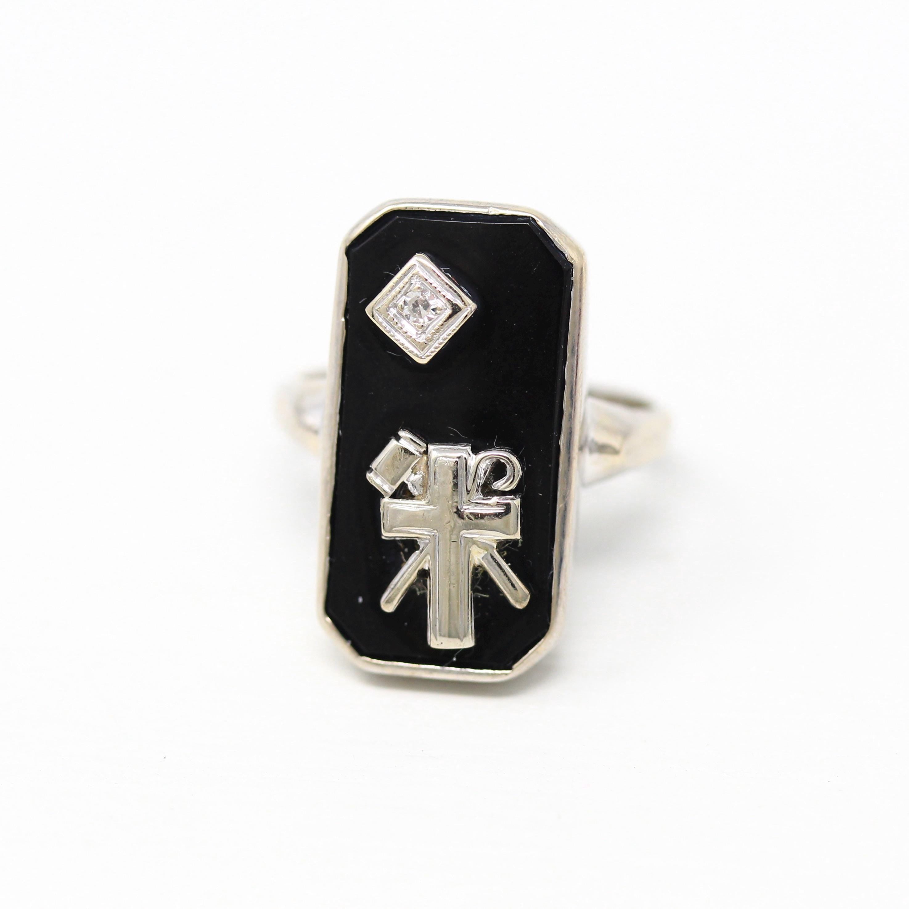 Vintage Masonic Ring Art Deco 10K White Gold White Shrine of Jerusalem Genuine Black Onyx Diamond Circa 1930s Size 5 1 4 Fine Jewelry