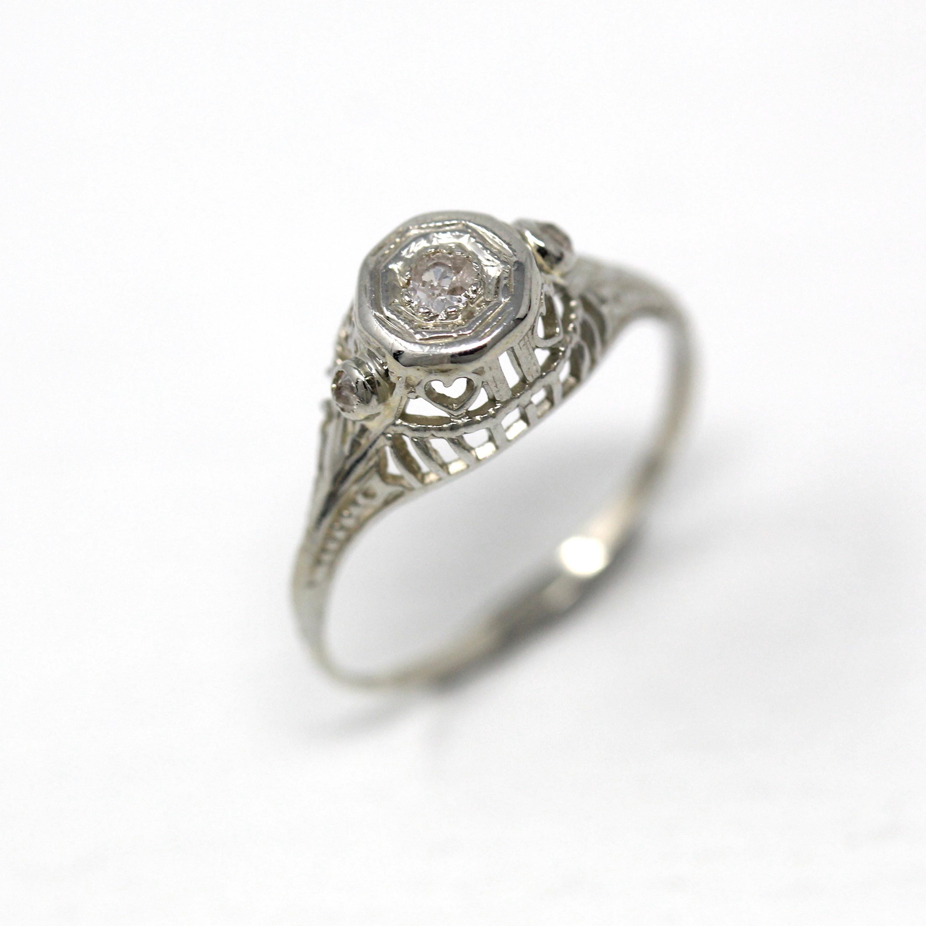 Vintage Diamond Ring - Art Deco Era 18k White Gold .05 Ctw Filigree Engagement - Antique Circa 1920s Size 4 Promise 20s Fine Jewelry