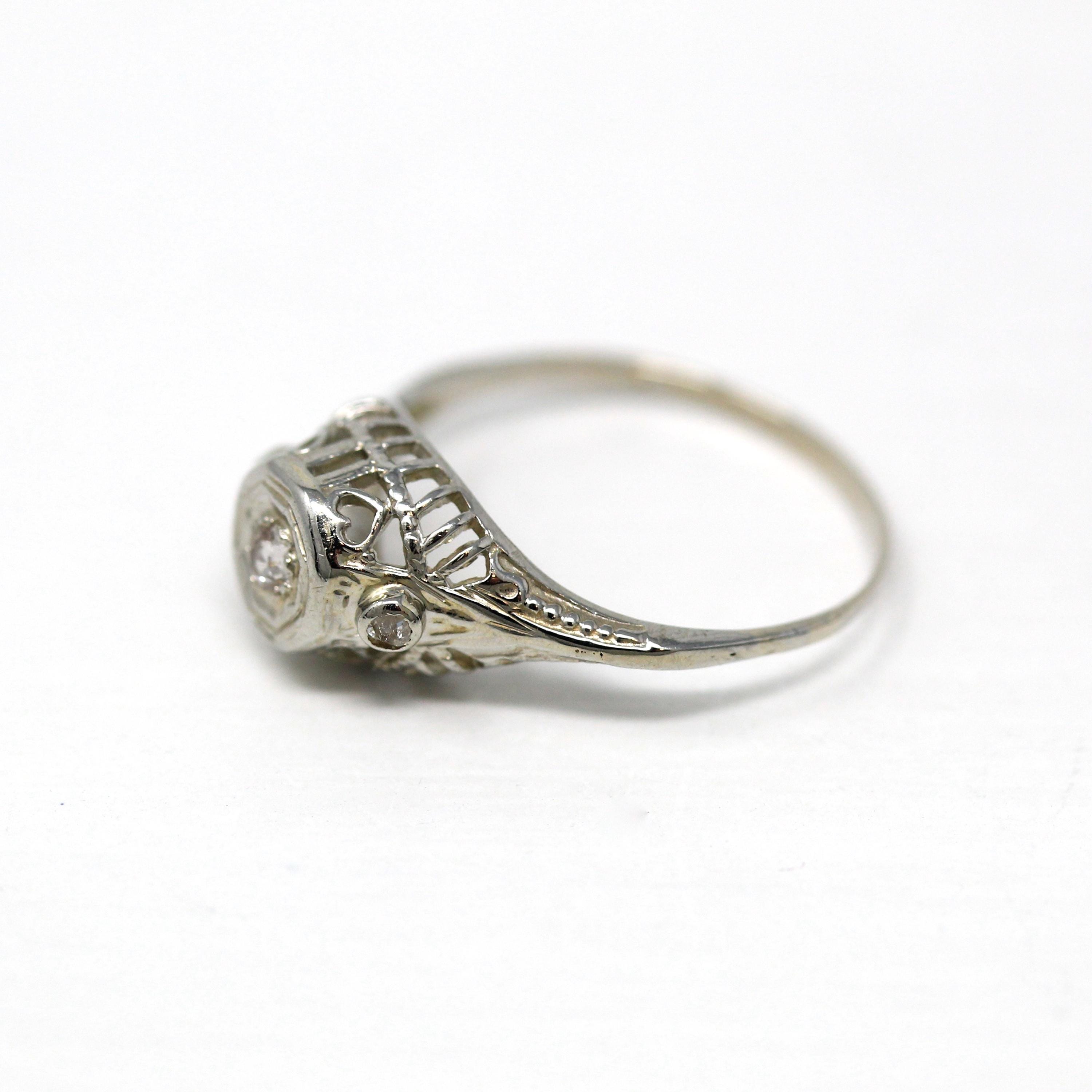 Vintage Diamond Ring - Art Deco Era 18k White Gold .05 Ctw Filigree Engagement - Antique Circa 1920s Size 4 Promise 20s Fine Jewelry