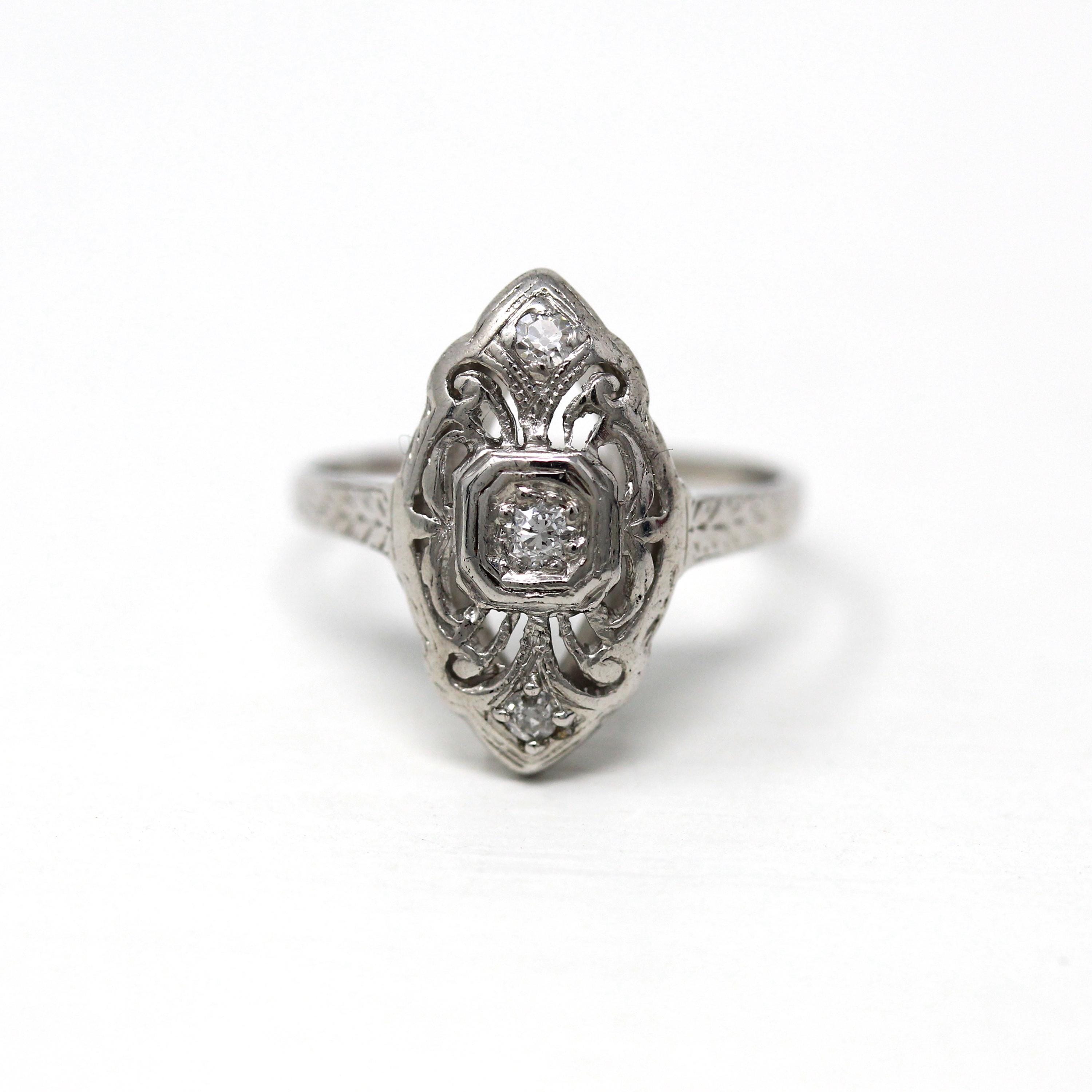 Vintage Shield Ring - Art Deco 14k White Gold & Platinum Genuine Diamonds - Circa 1920s Era Size 4 1/2 Fine Filigree Engraved 20s Jewelry