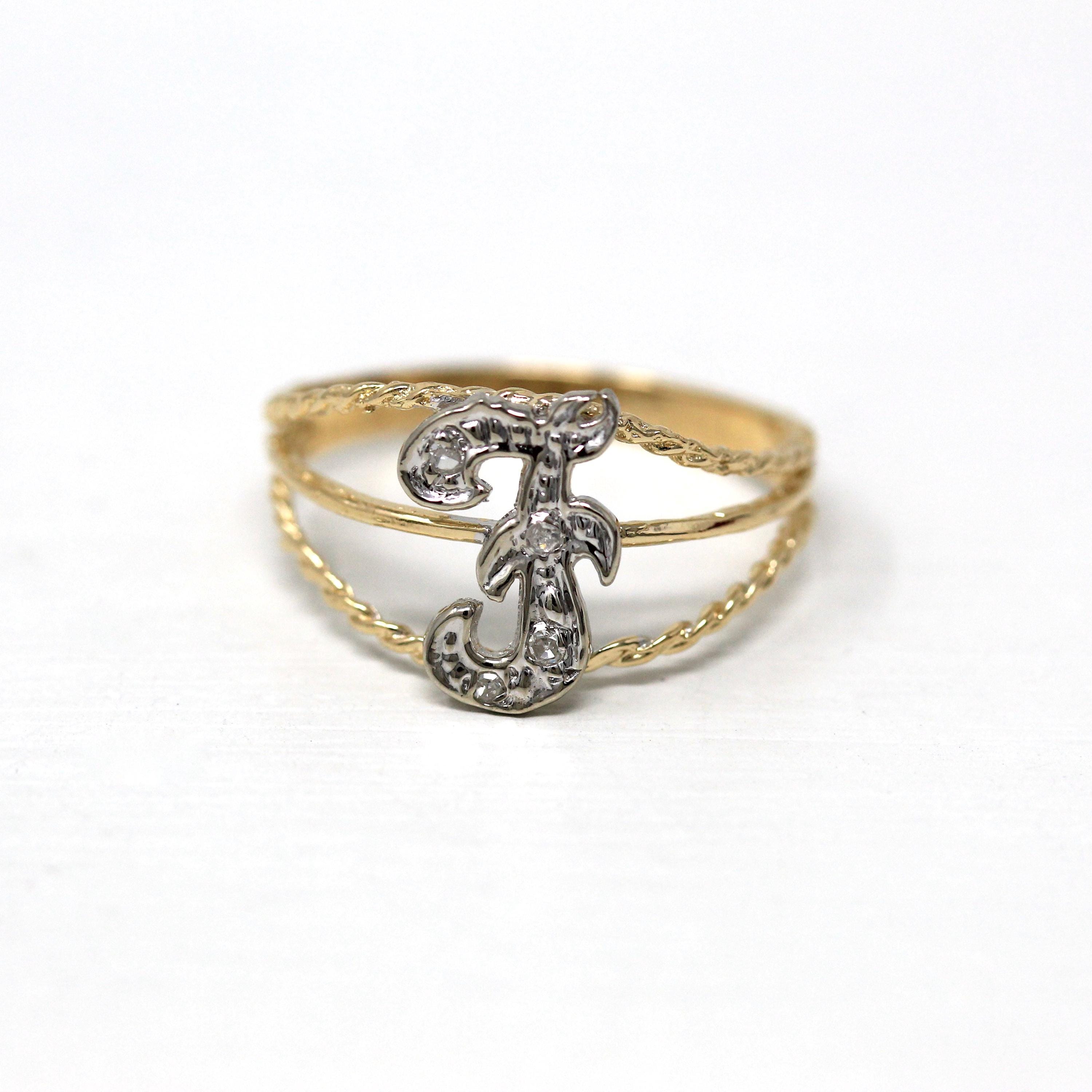 Letter "F" Ring - Estate 14k Yellow & White Gold Initial Monogram Diamonds - Modern Circa 1990s Era Size 6 1/2 Statement 90s Jewelry