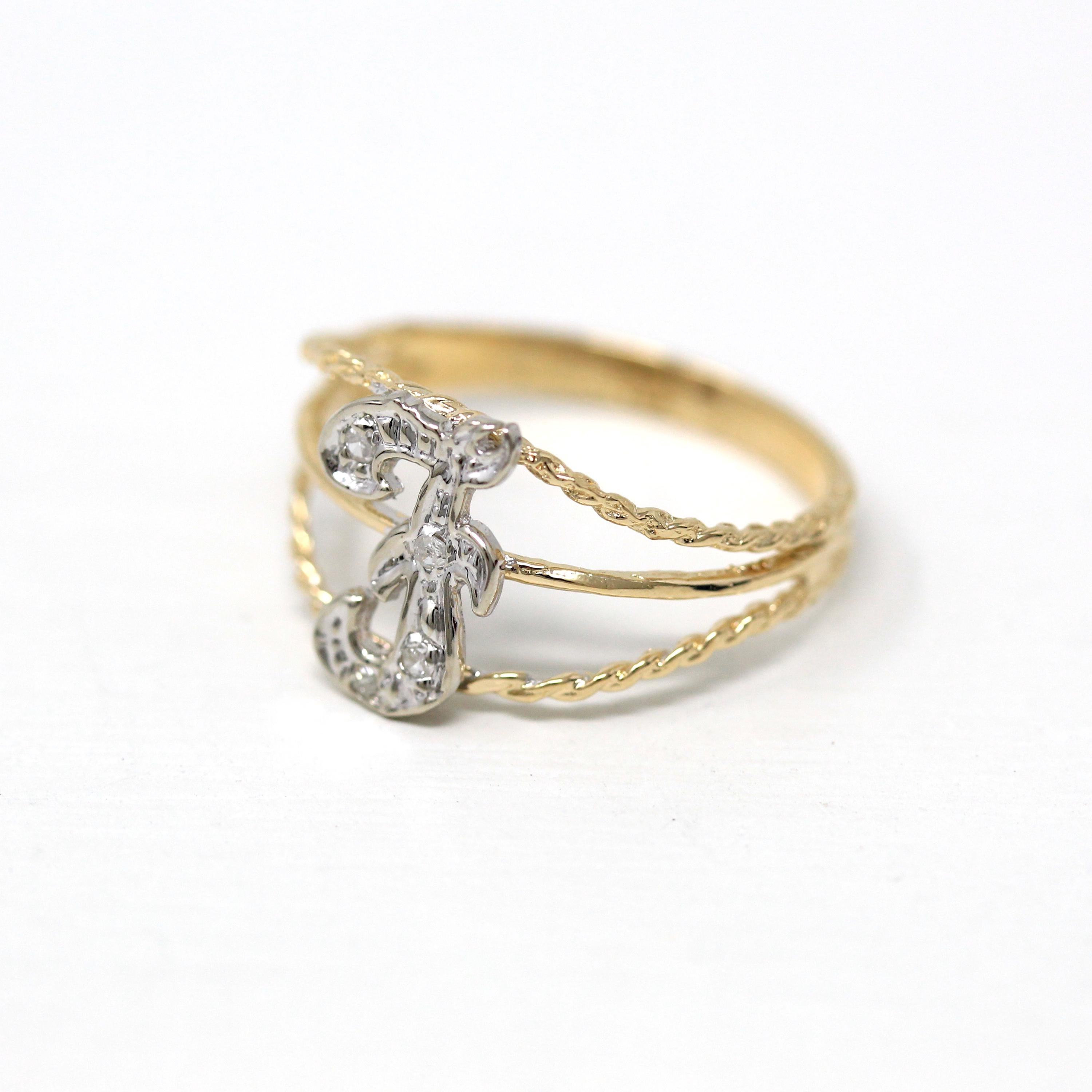 Letter "F" Ring - Estate 14k Yellow & White Gold Initial Monogram Diamonds - Modern Circa 1990s Era Size 6 1/2 Statement 90s Jewelry