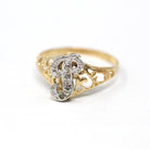 Letter "P" Ring - Estate 14k Yellow & White Gold Initial Monogram Diamonds - Modern Circa 1990s Era Size 6 Filigree 90s Jewelry