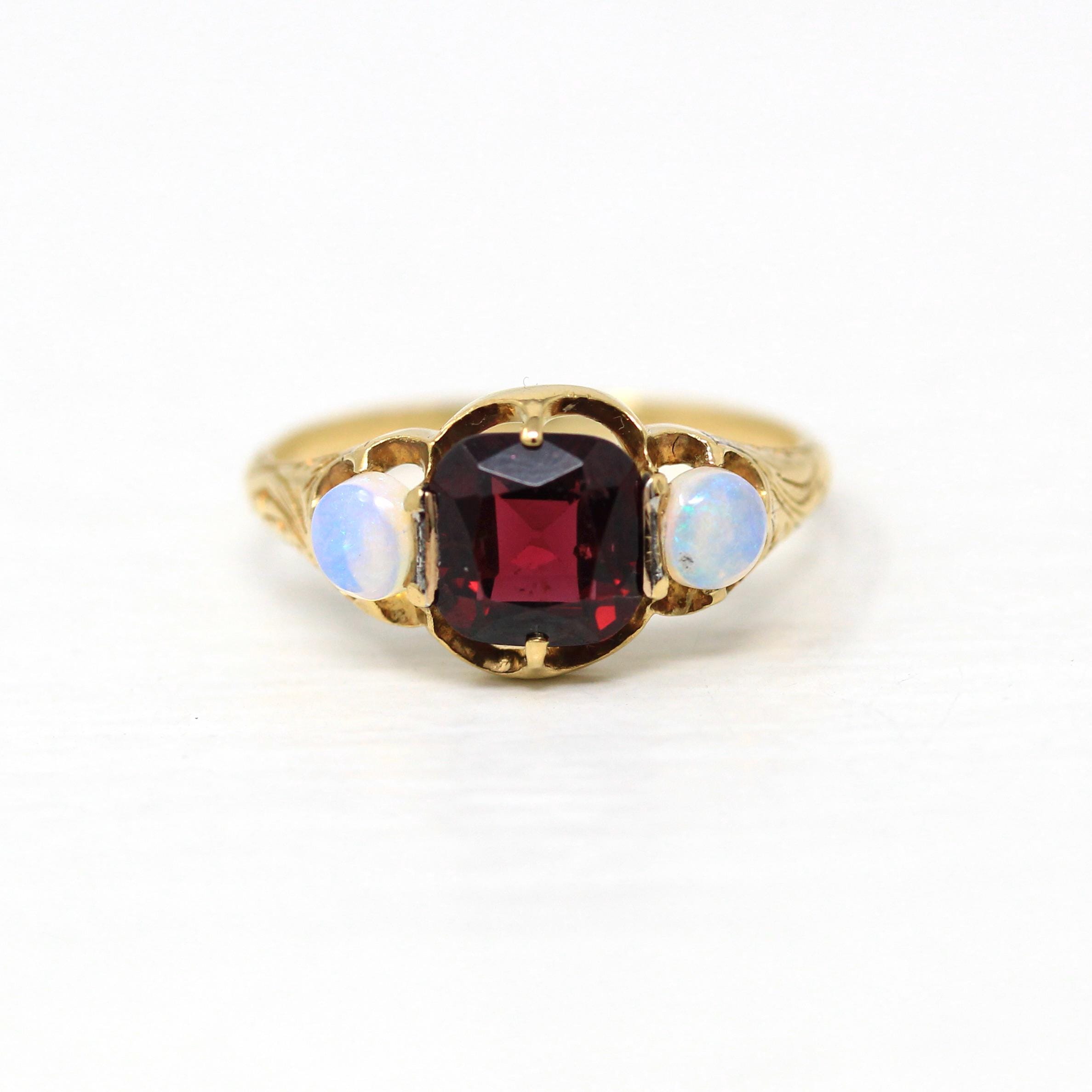 Garnet & Opal Ring - Edwardian 18k Yellow Gold Genuine Gemstones - Antique Circa 1900s Era Size 4 1/2 October Birthstone Fine Jewelry