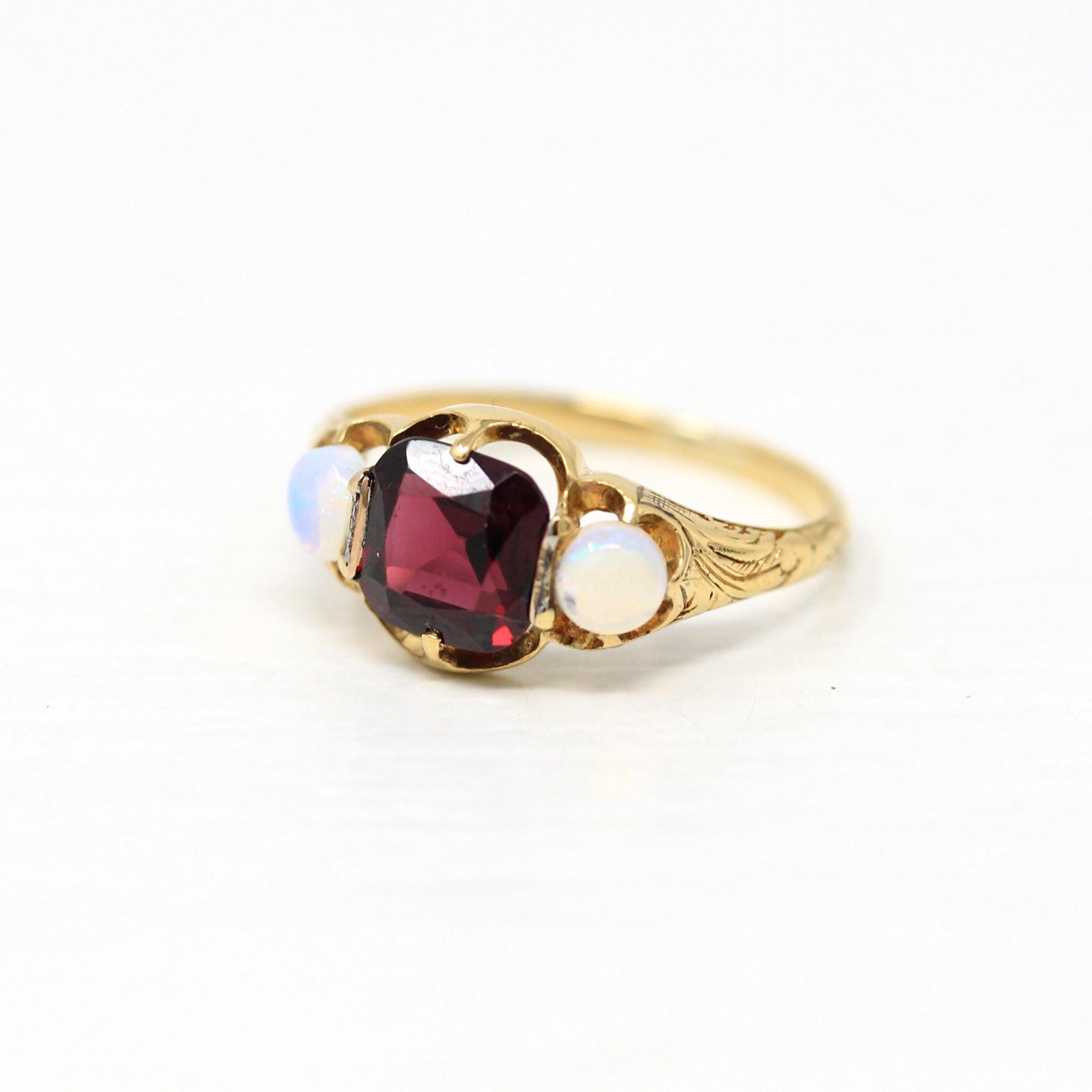 Garnet & Opal Ring - Edwardian 18k Yellow Gold Genuine Gemstones - Antique Circa 1900s Era Size 4 1/2 October Birthstone Fine Jewelry