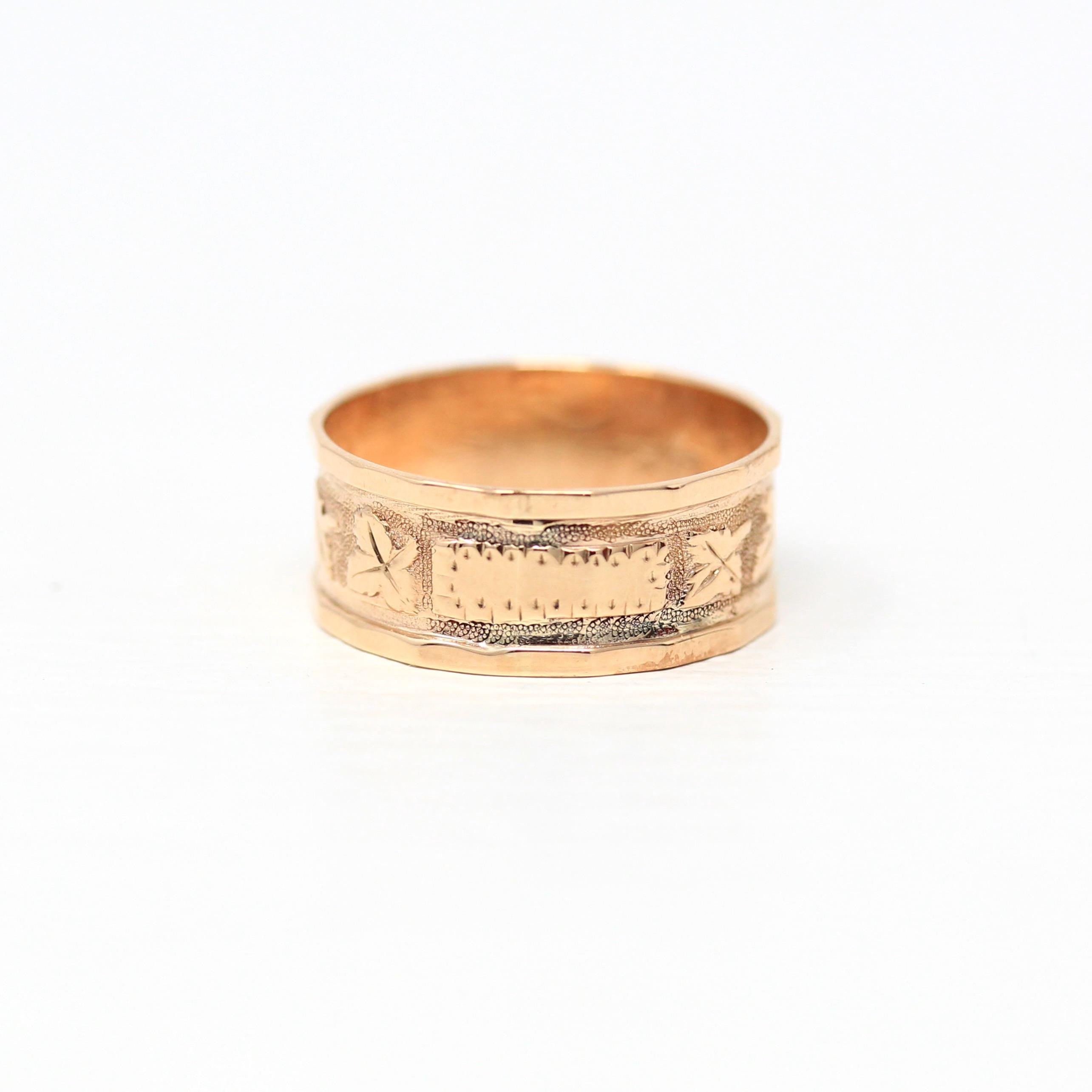 Antique Cigar Band - Victorian 14k Rose Gold Engraved Designs Ivy Leaf Ring - Circa 1890s Era Size 7 1/4 Symbolic Nature Fine Jewelry