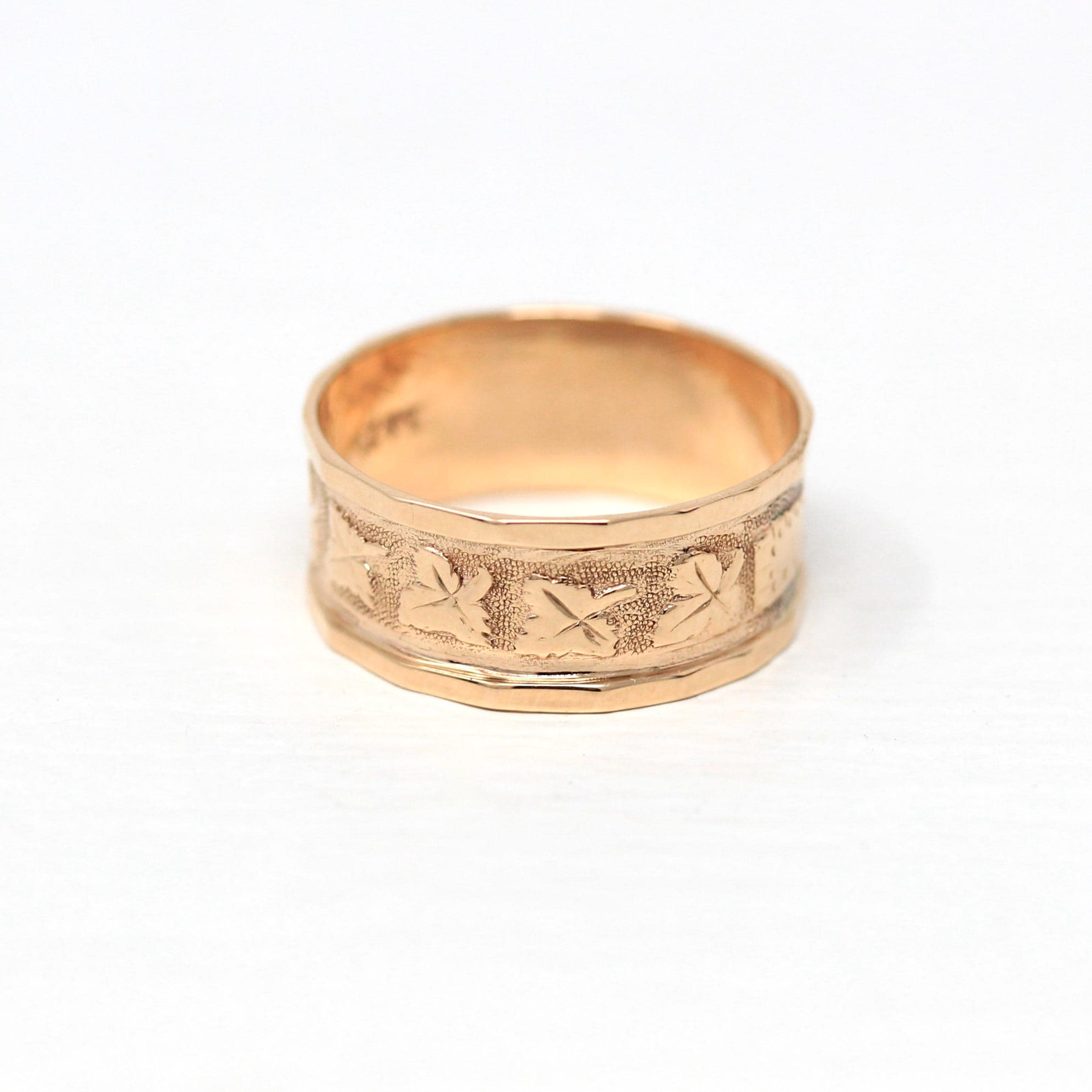 Antique Cigar Band - Victorian 14k Rose Gold Engraved Designs Ivy Leaf Ring - Circa 1890s Era Size 7 1/4 Symbolic Nature Fine Jewelry