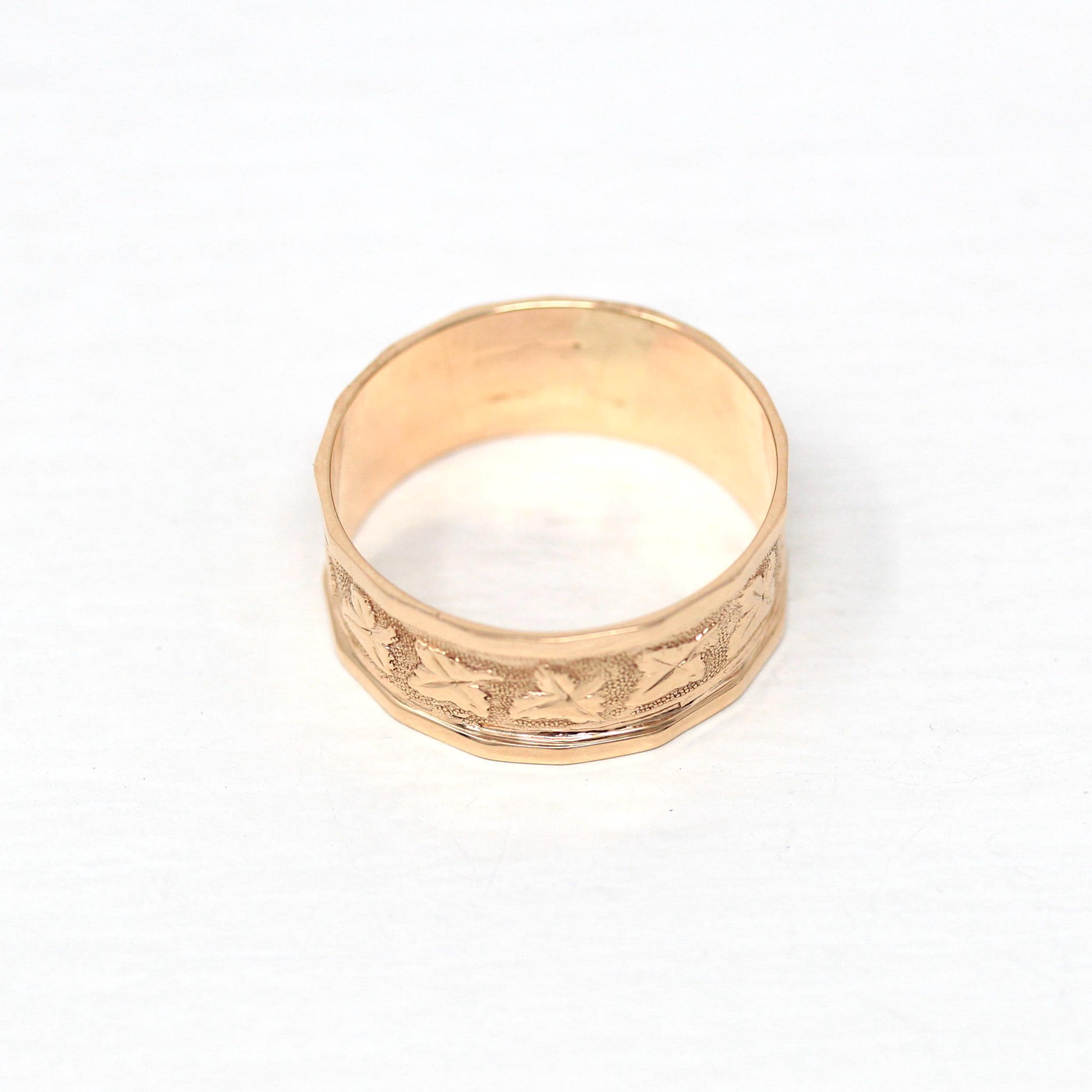 Antique Cigar Band - Victorian 14k Rose Gold Engraved Designs Ivy Leaf Ring - Circa 1890s Era Size 7 1/4 Symbolic Nature Fine Jewelry