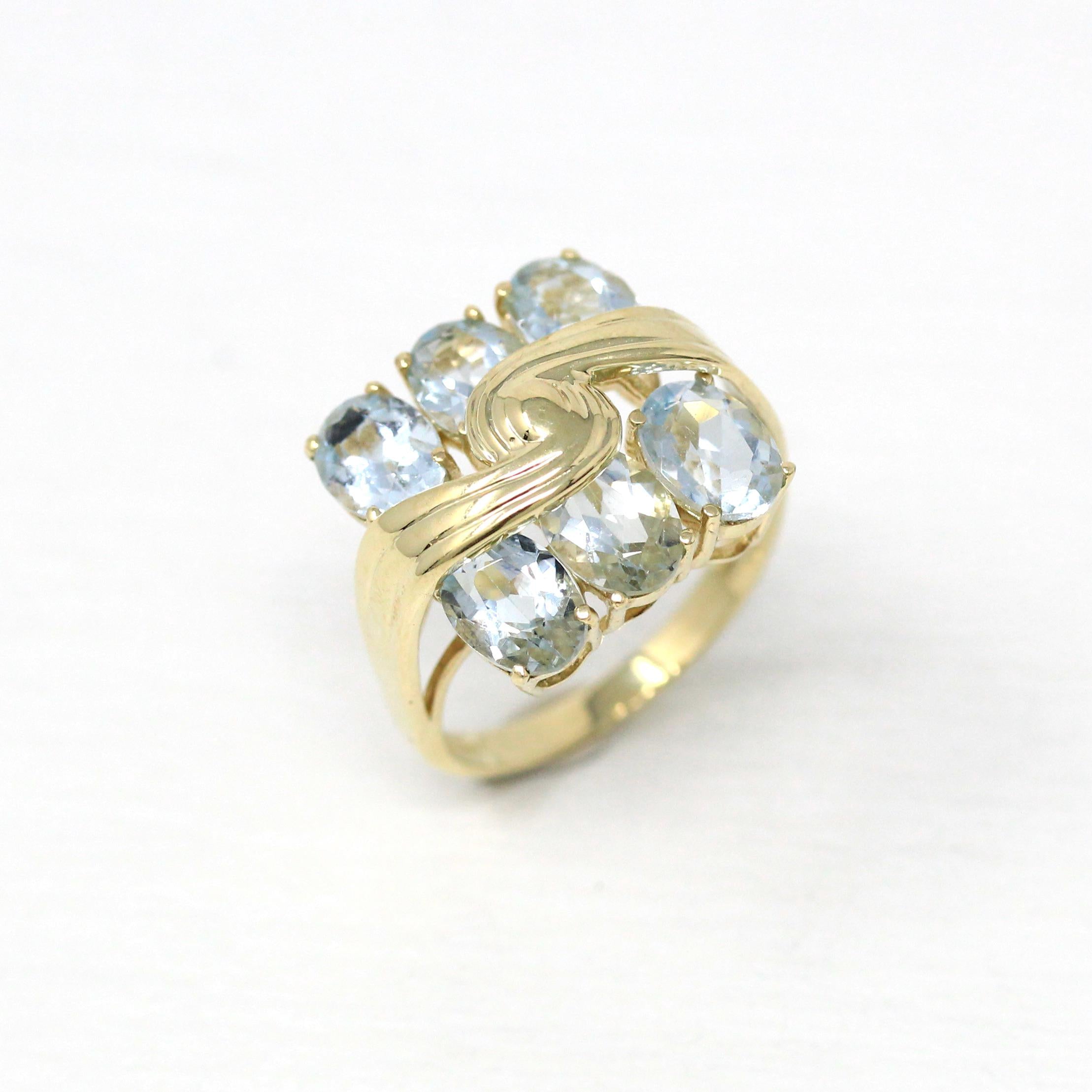 Genuine Aquamarine Ring - Modern 10k Yellow Gold Oval Faceted Blue Gemstones - Estate Circa 2000's Era Size 6 3/4 Statement Fine Jewelry