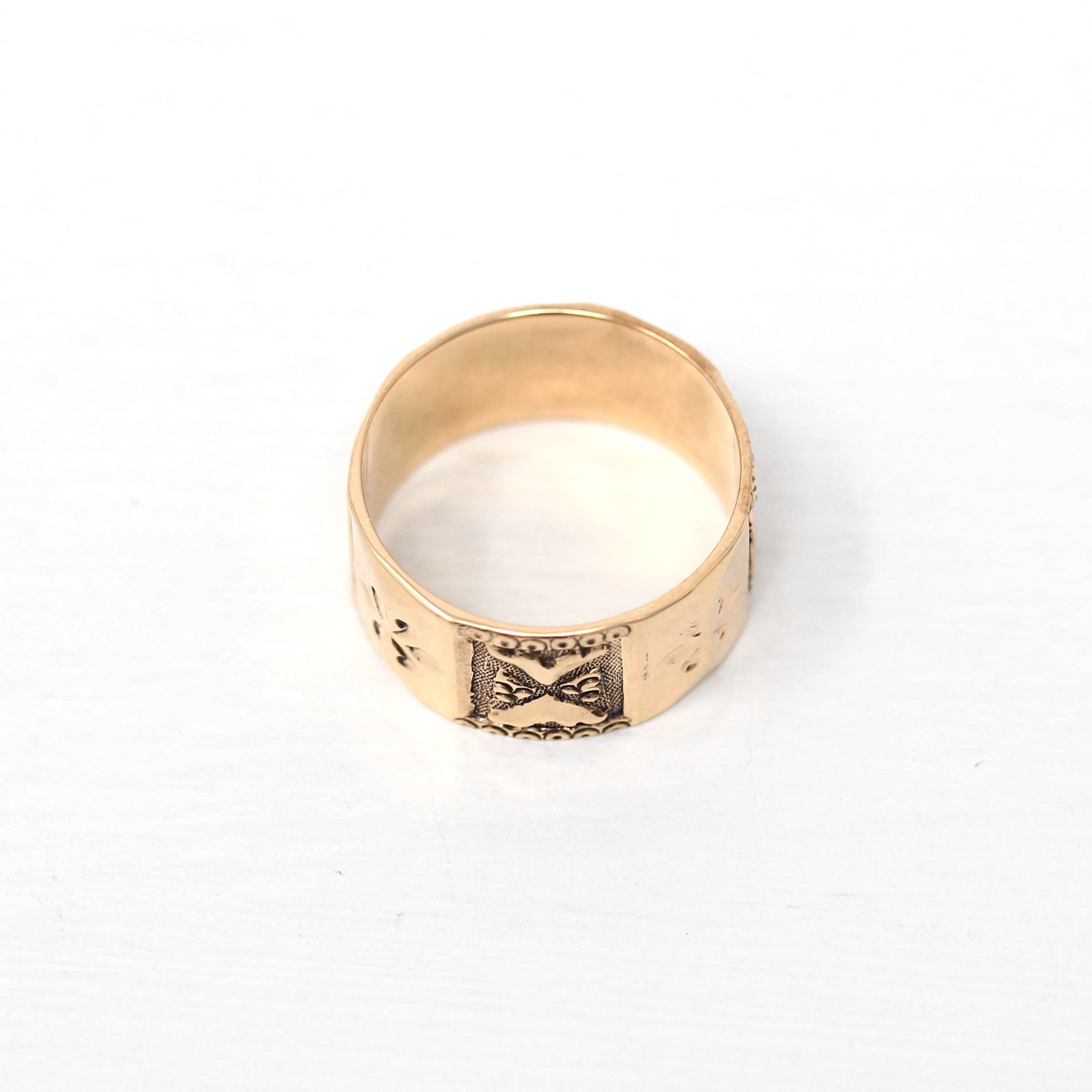 Antique Cigar Band - Victorian 10k Yellow Gold Engraved Designs Thumb Ring - Circa 1890s Era Size 6 Statement Wedding Fine Jewelry