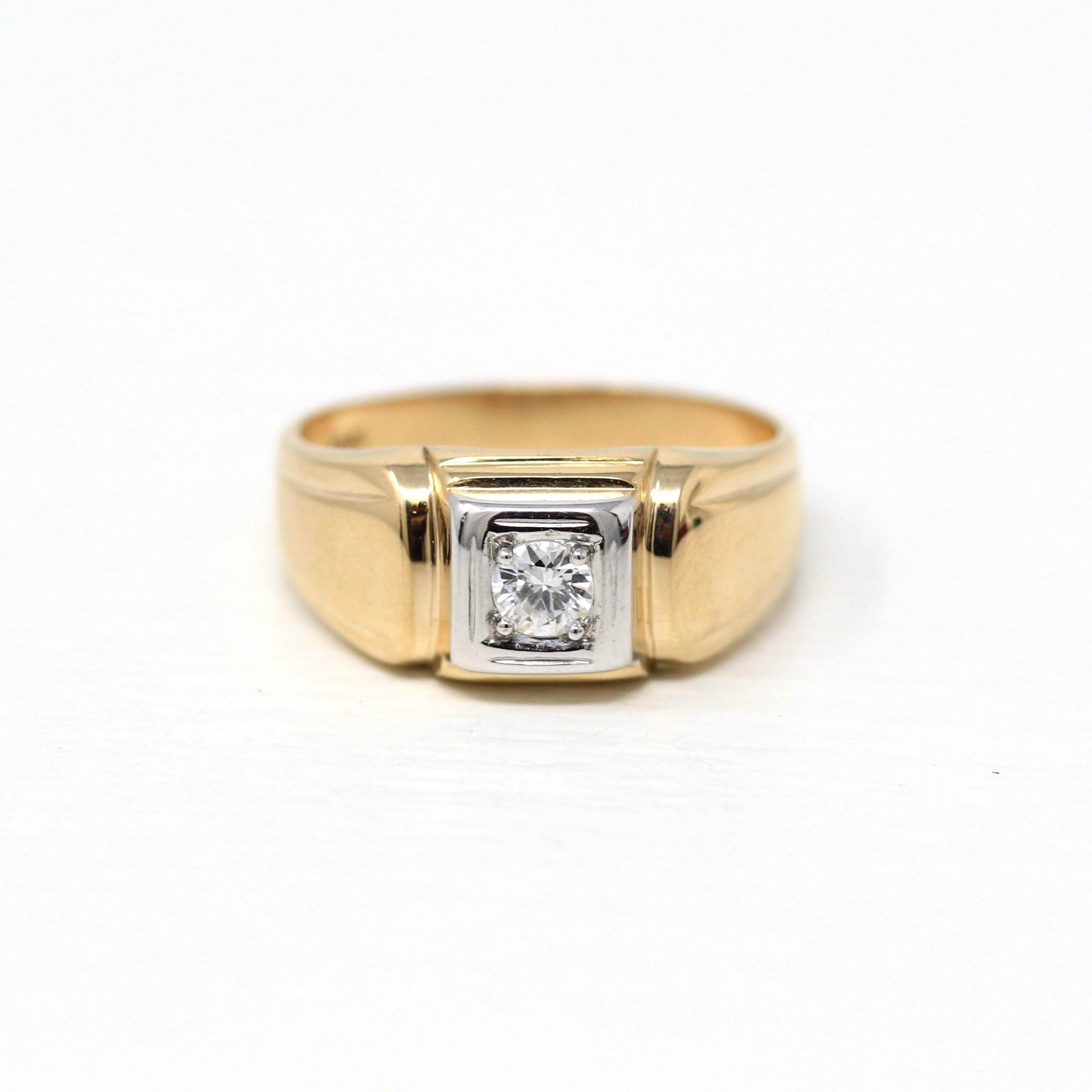 Vintage Diamond Ring - Retro 14k Yellow & White Gold .22 CT Unisex Men's Band - Circa 1940s Era Size 10 Two Tone Engagement Fine 40s Jewelry