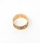 Antique Cigar Band - Victorian 10k Rosy Yellow Gold Engraved Designs Eternity Ring - Circa 1890s Era Size 7 3/4 Symbolic Nature Fine Jewelry