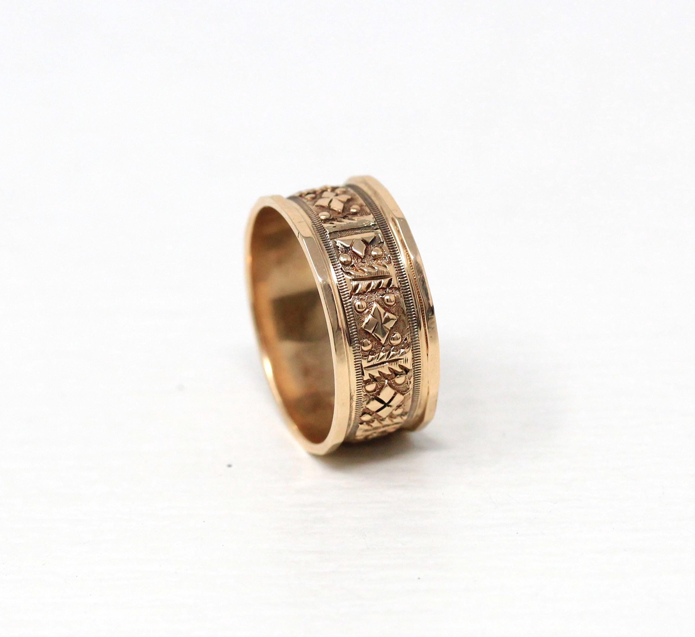 Antique Cigar Band - Victorian 10k Rosy Yellow Gold Engraved Designs Eternity Ring - Circa 1890s Era Size 7 3/4 Symbolic Nature Fine Jewelry