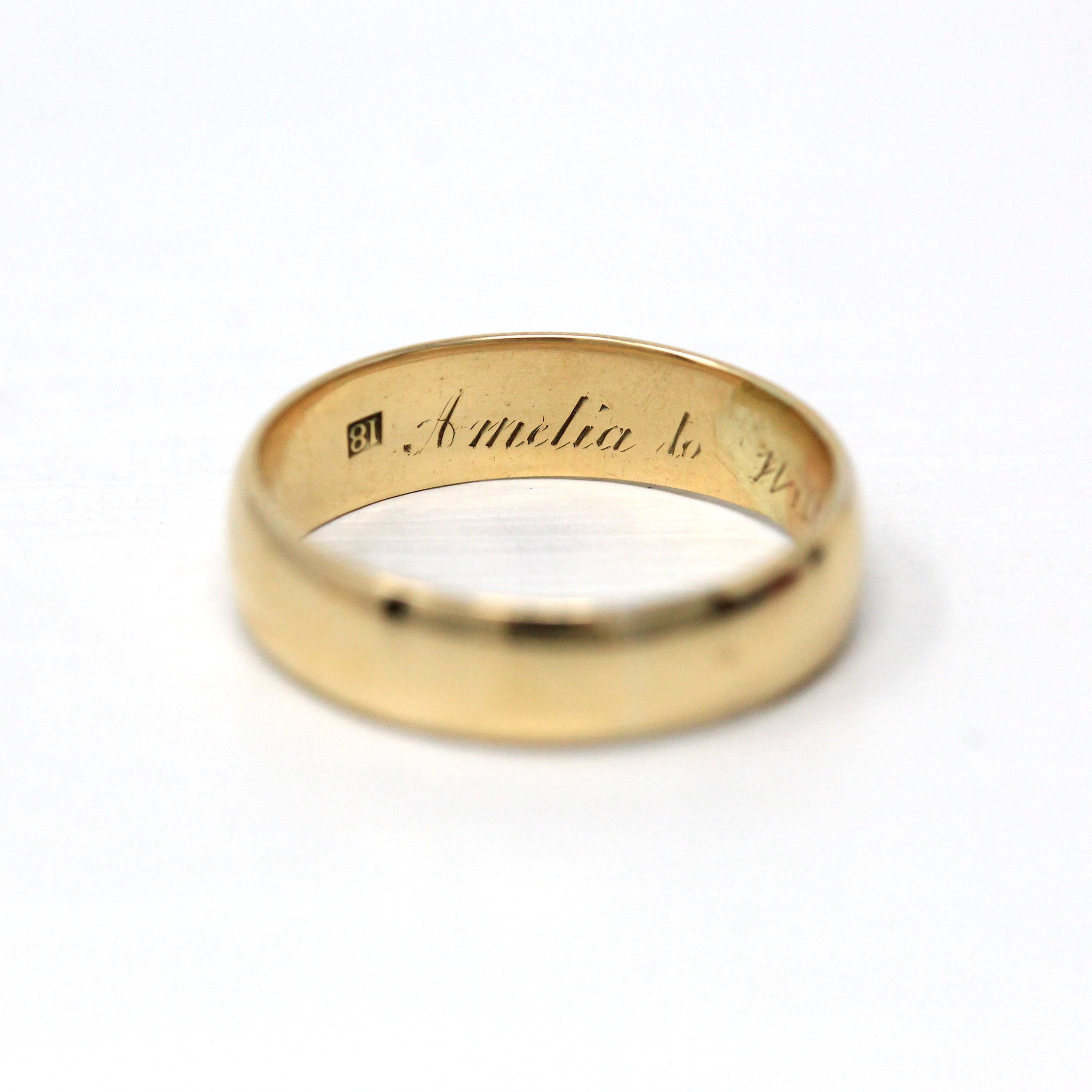 Dated 1867 Band - Victorian 18k Yellow Gold Engraved "Amelia to William 1867" Ring - Antique Size 7 3/4 Unisex Wedding Fine Vintage Jewelry