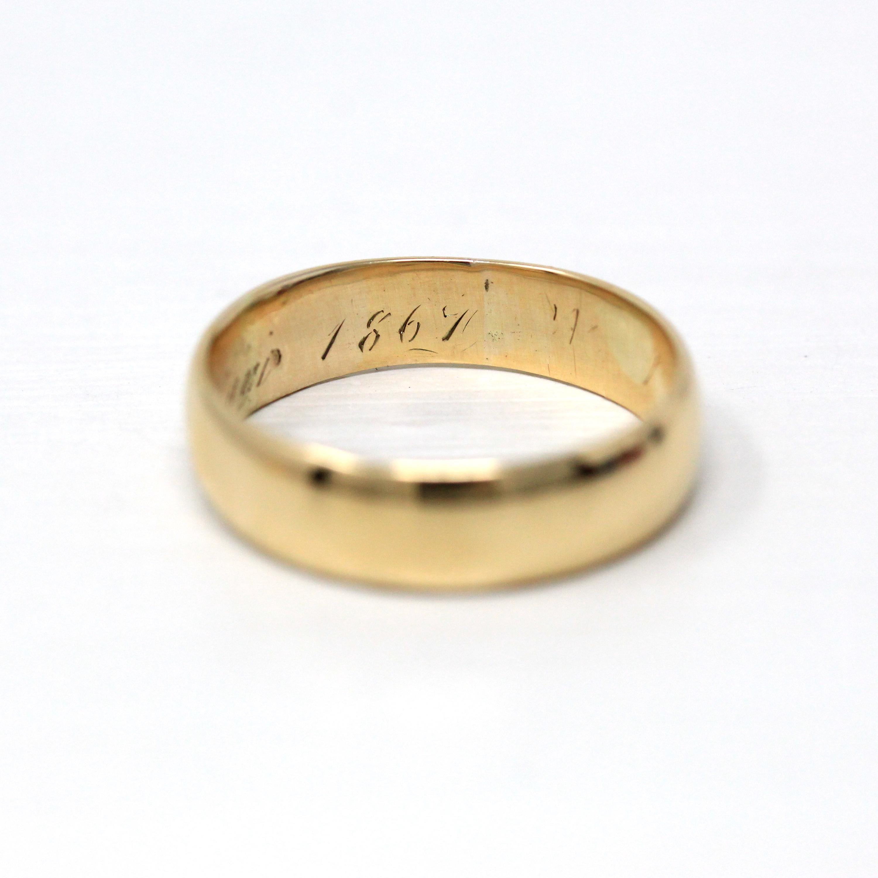 Dated 1867 Band - Victorian 18k Yellow Gold Engraved "Amelia to William 1867" Ring - Antique Size 7 3/4 Unisex Wedding Fine Vintage Jewelry