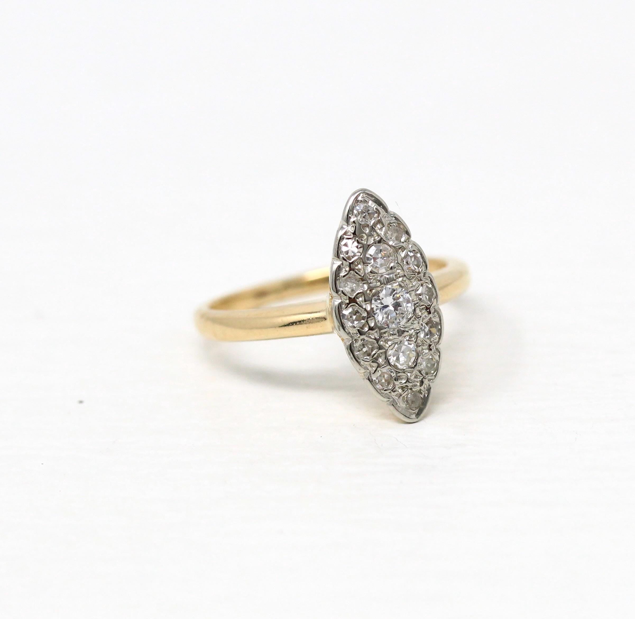 Vintage Navette Ring - Retro 14k Yellow & White Gold Genuine Diamond .36 CTW Gems - Circa 1940s Era Size 5 1/4 Anniversary Promise Jewelry