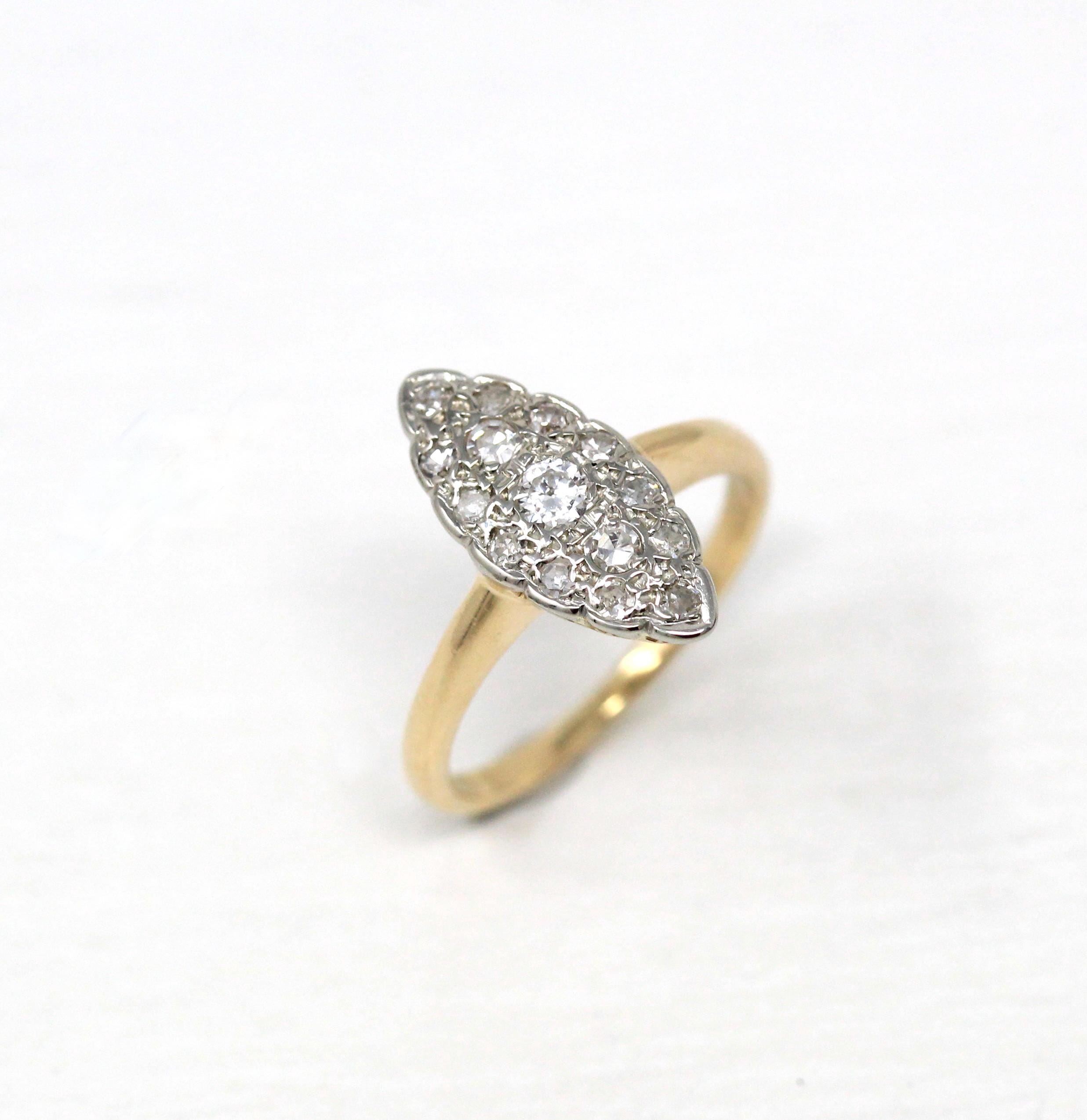 Vintage Navette Ring - Retro 14k Yellow & White Gold Genuine Diamond .36 CTW Gems - Circa 1940s Era Size 5 1/4 Anniversary Promise Jewelry