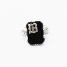 Letter "B" Ring - Art Deco 14k White Gold Genuine Black Onyx Old English Filigree - Vintage Circa 1930 Era Size 6 1/4 Statement Fine Jewelry