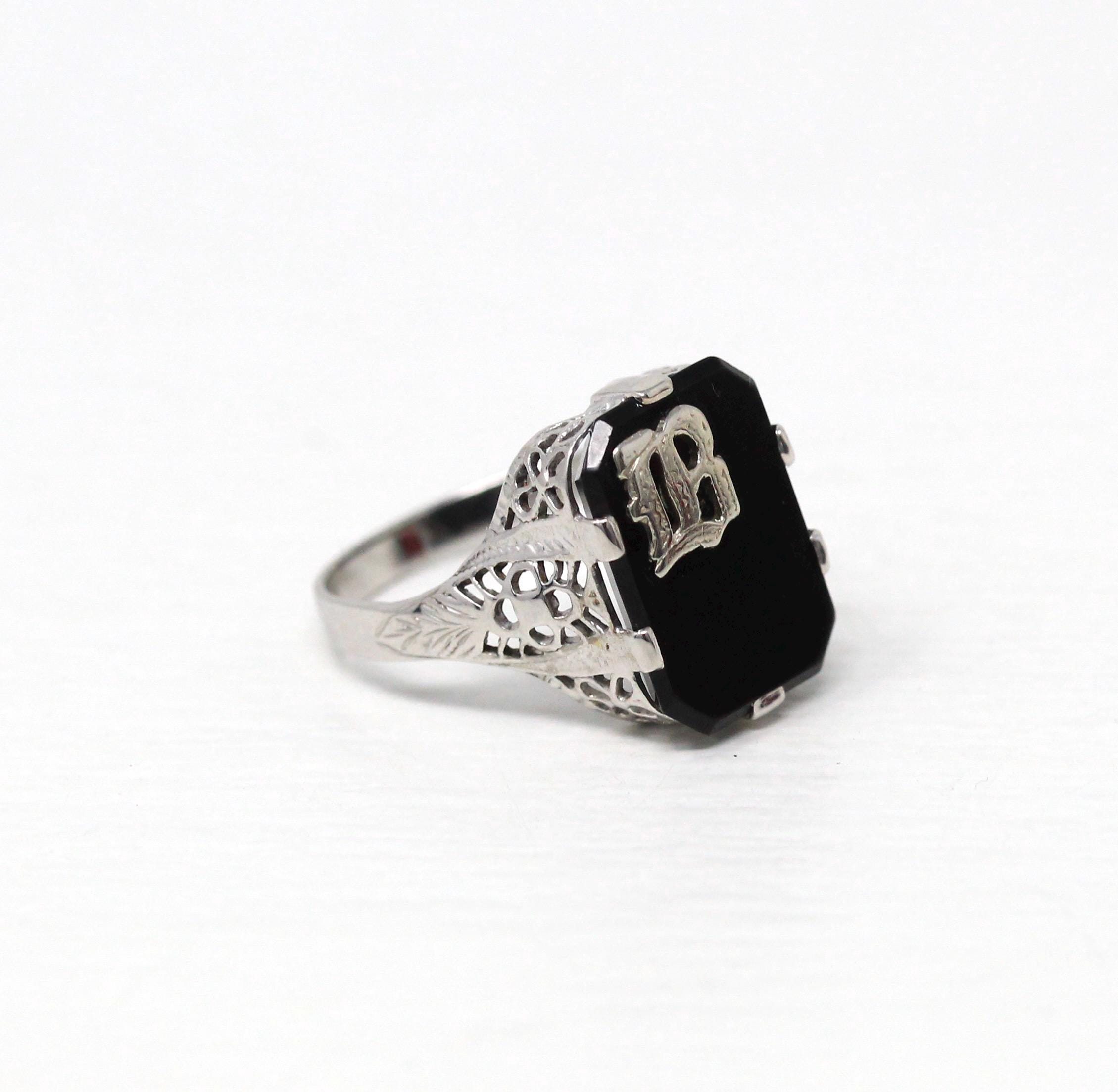 Letter "B" Ring - Art Deco 14k White Gold Genuine Black Onyx Old English Filigree - Vintage Circa 1930 Era Size 6 1/4 Statement Fine Jewelry